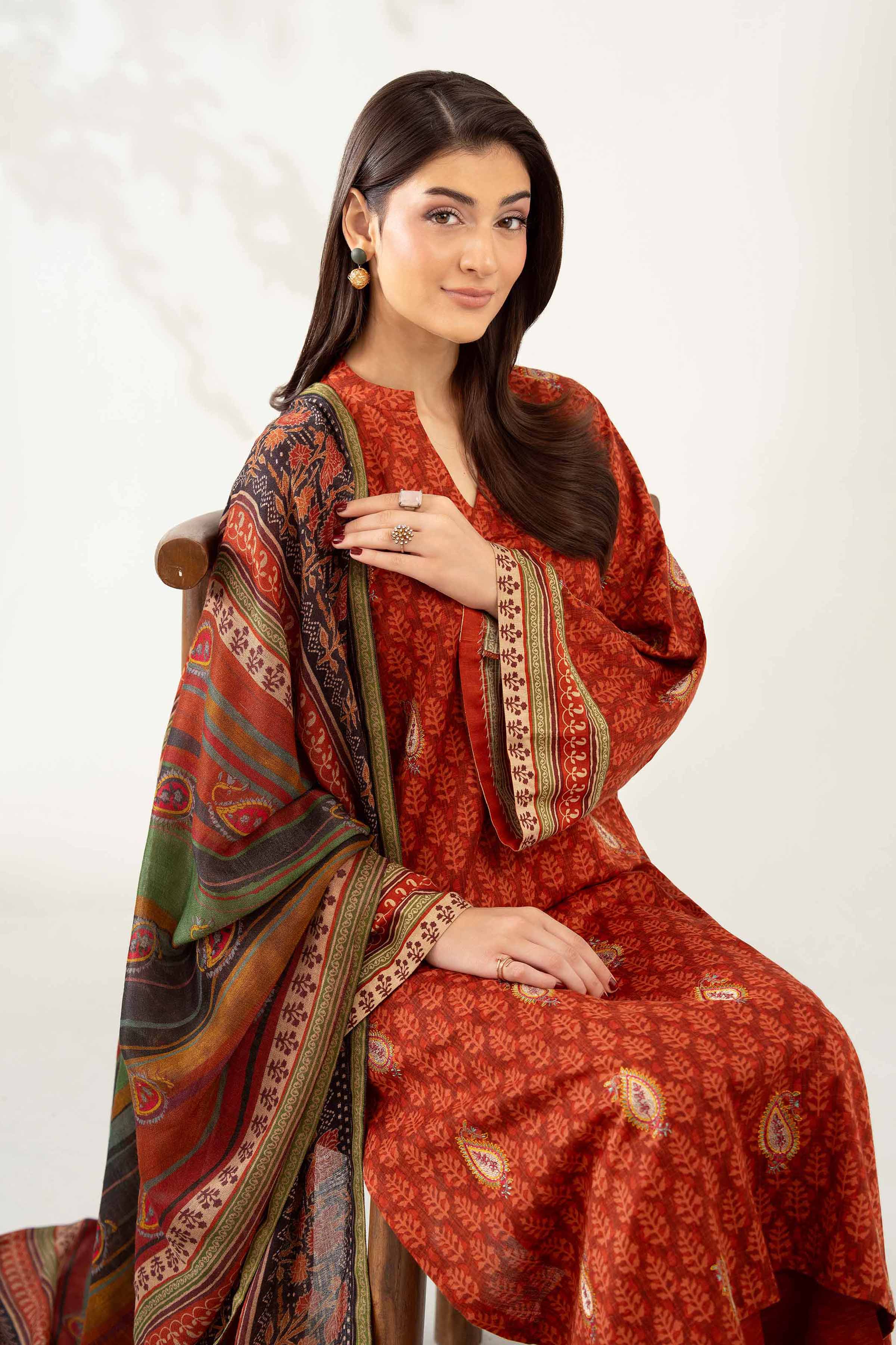 NISHATUAE - Rust Embroidered Karandi 3-piece Unstitched Suit