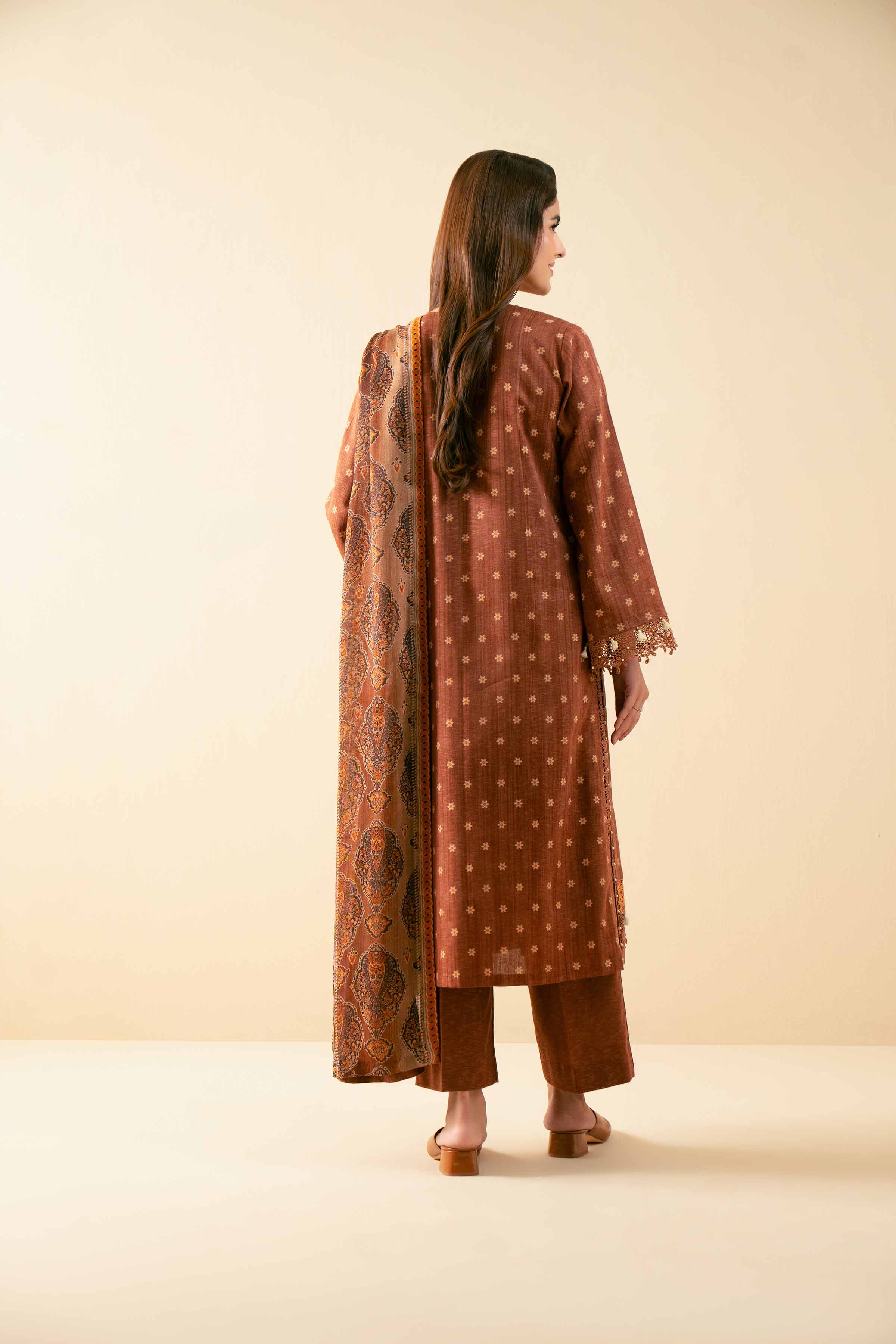 NISHATUAE - Brown Embroidered Karandi 3-piece Unstitched Suit