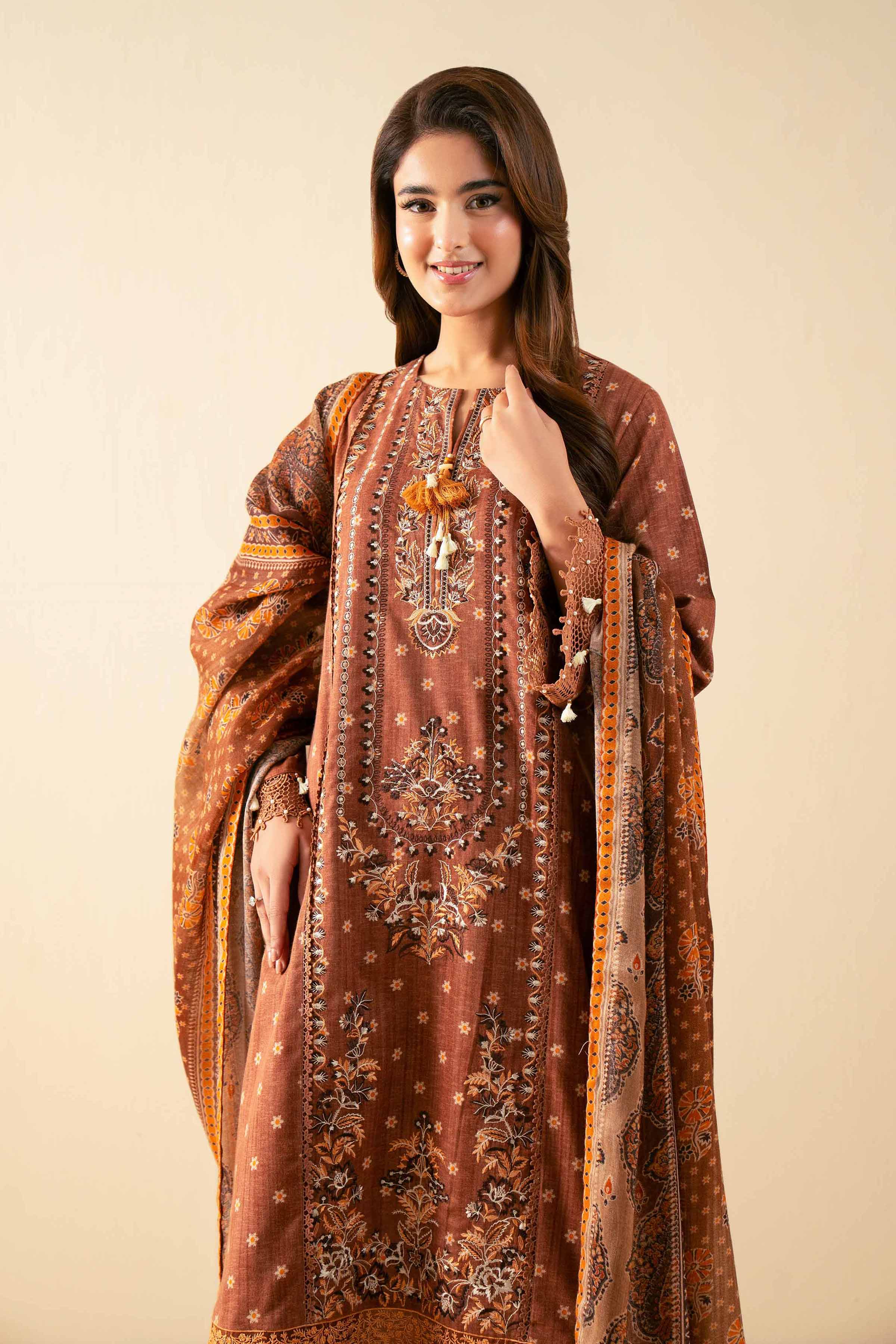 NISHATUAE - Brown Embroidered Karandi 3-piece Unstitched Suit