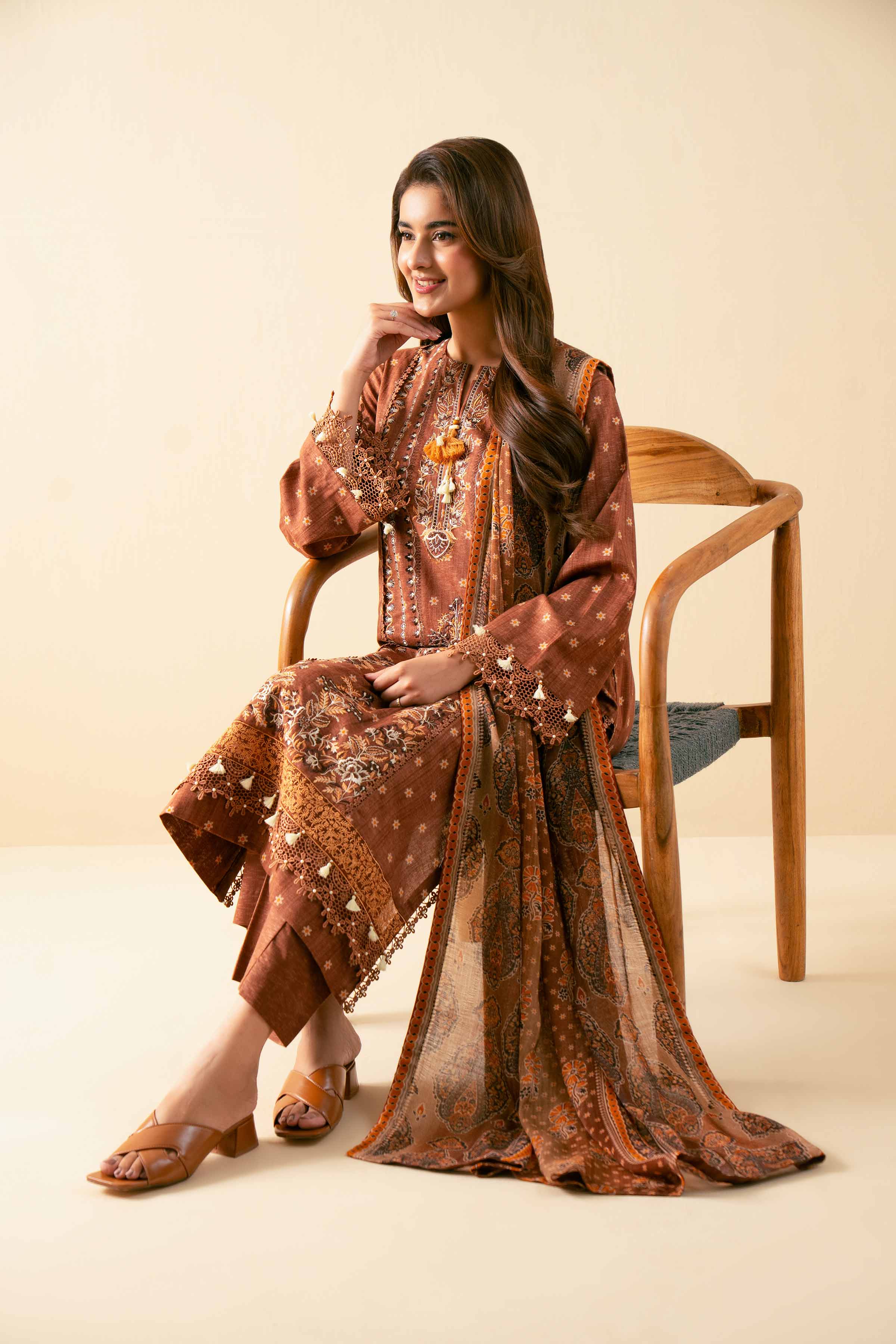 NISHATUAE - Brown Embroidered Karandi 3-piece Unstitched Suit