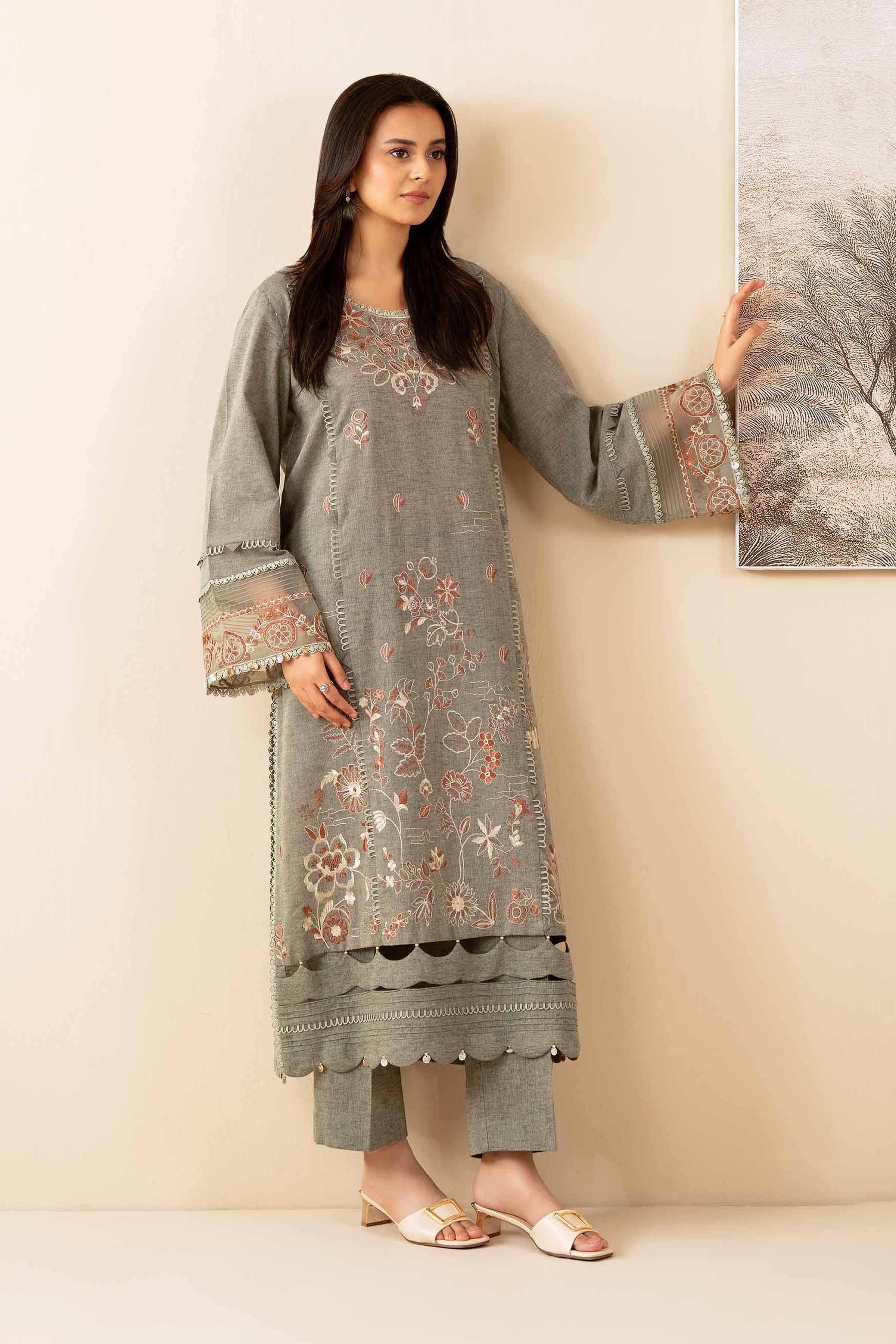 NISHATUAE - Beige Embroidered Linen 2-piece Unstitched Dress
