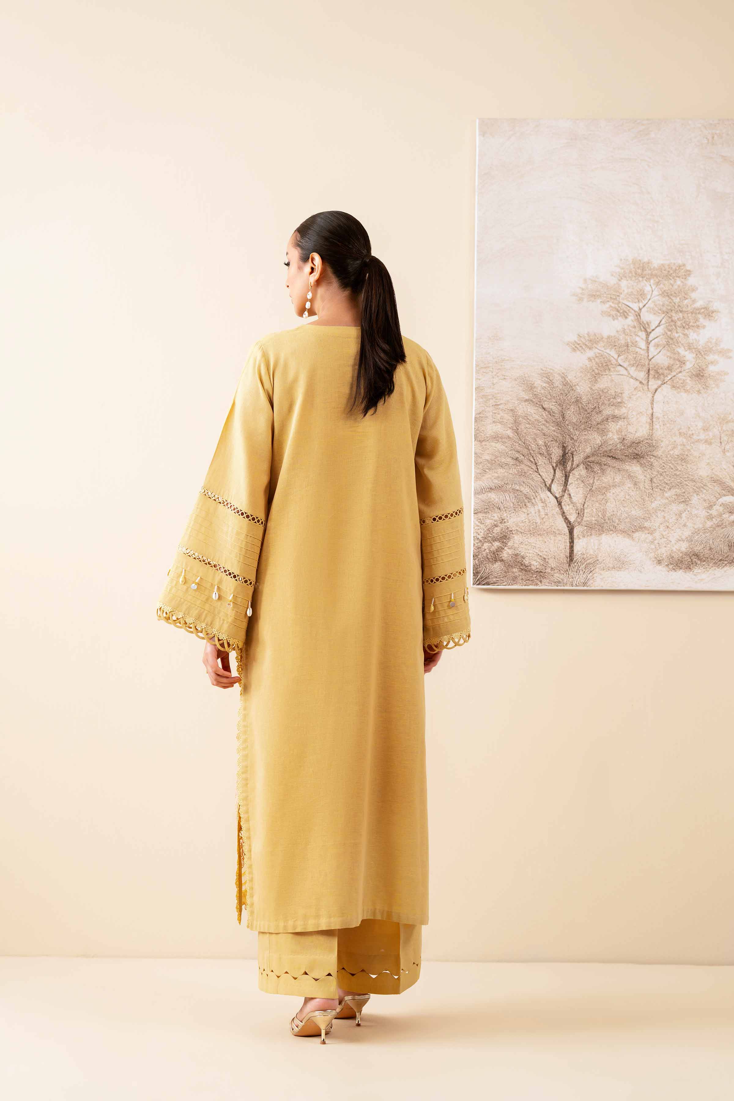 NISHATUAE - Gold Embroidered Linen 2-piece Unstitched Dress