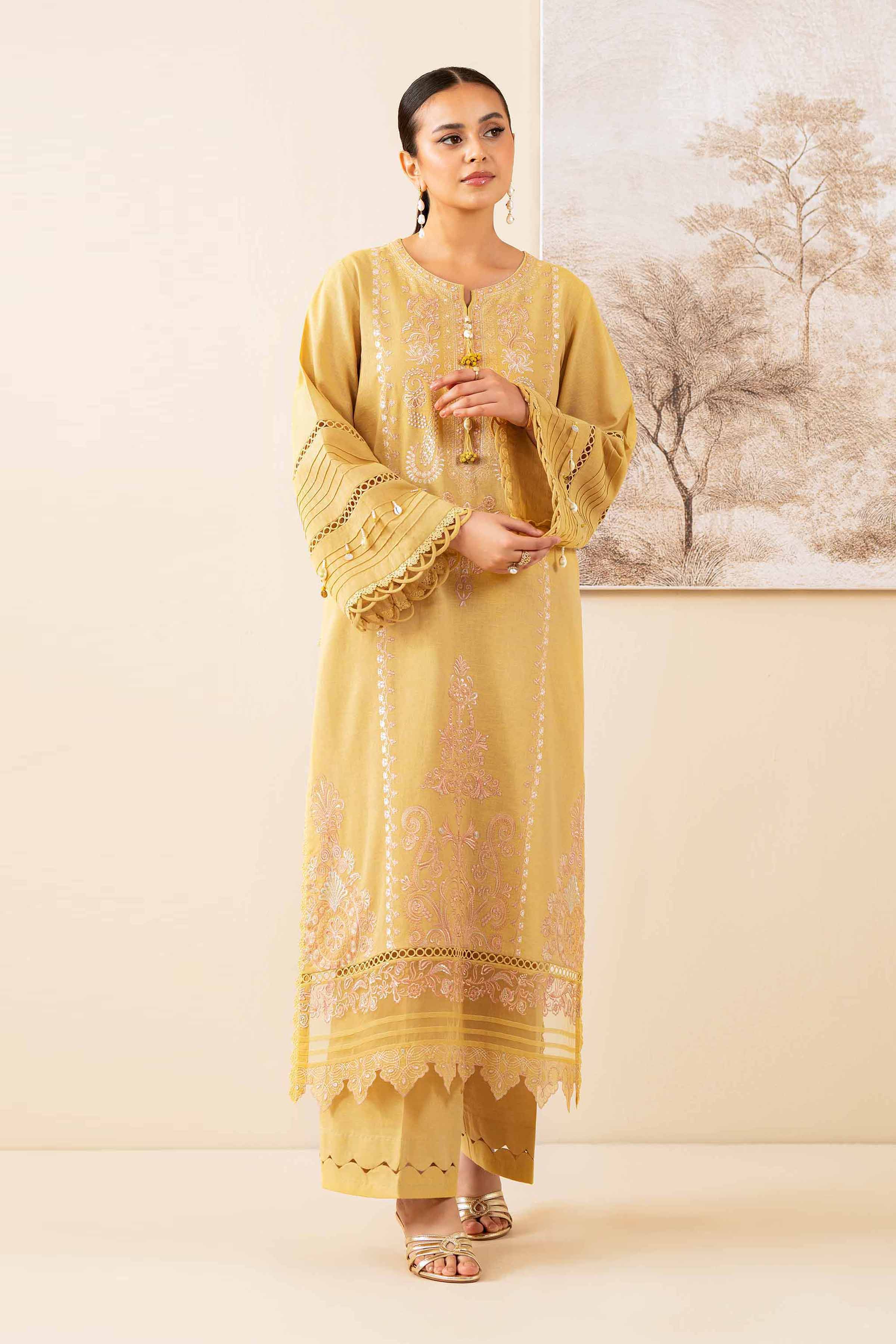 NISHATUAE - Gold Embroidered Linen 2-piece Unstitched Dress
