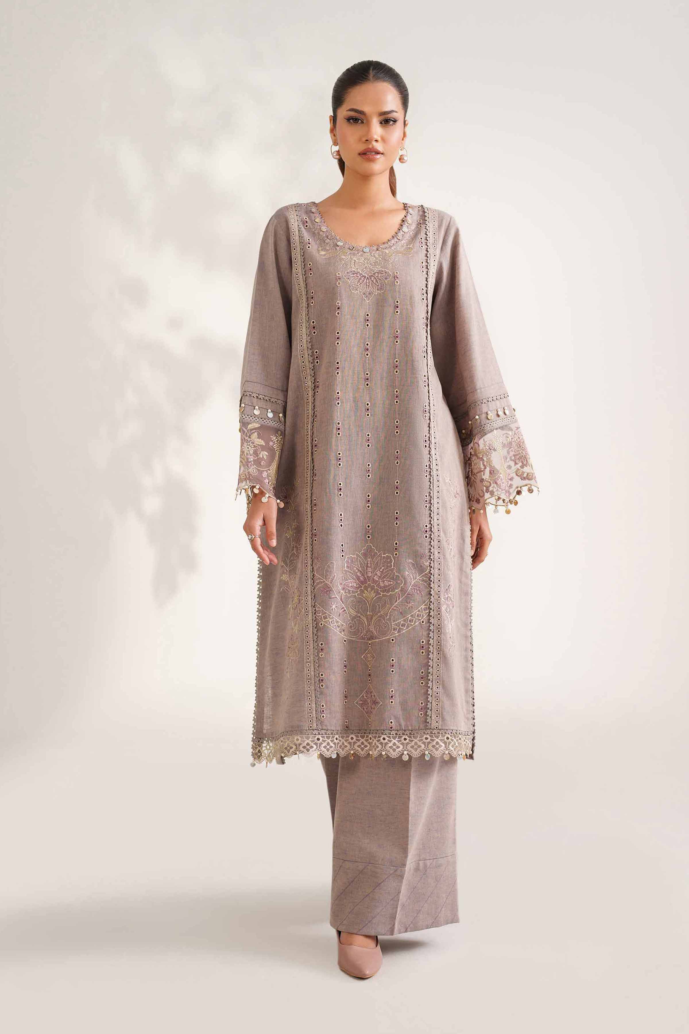 NISHATUAE - Ochre Embroidered Linen 2-piece Unstitched Dress