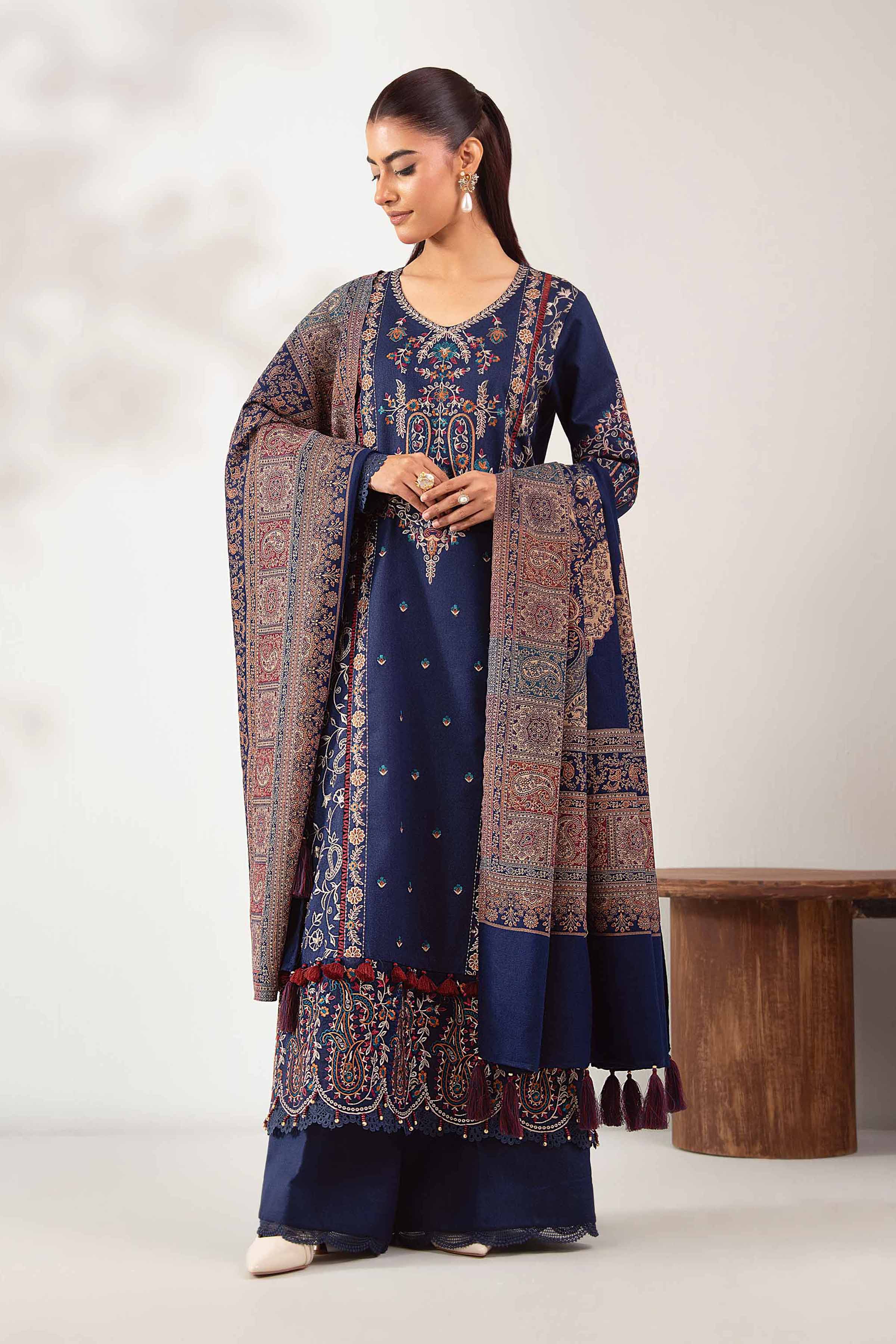 NISHATUAE - Blue Embroidered Karandi 3-piece Unstitched Suit