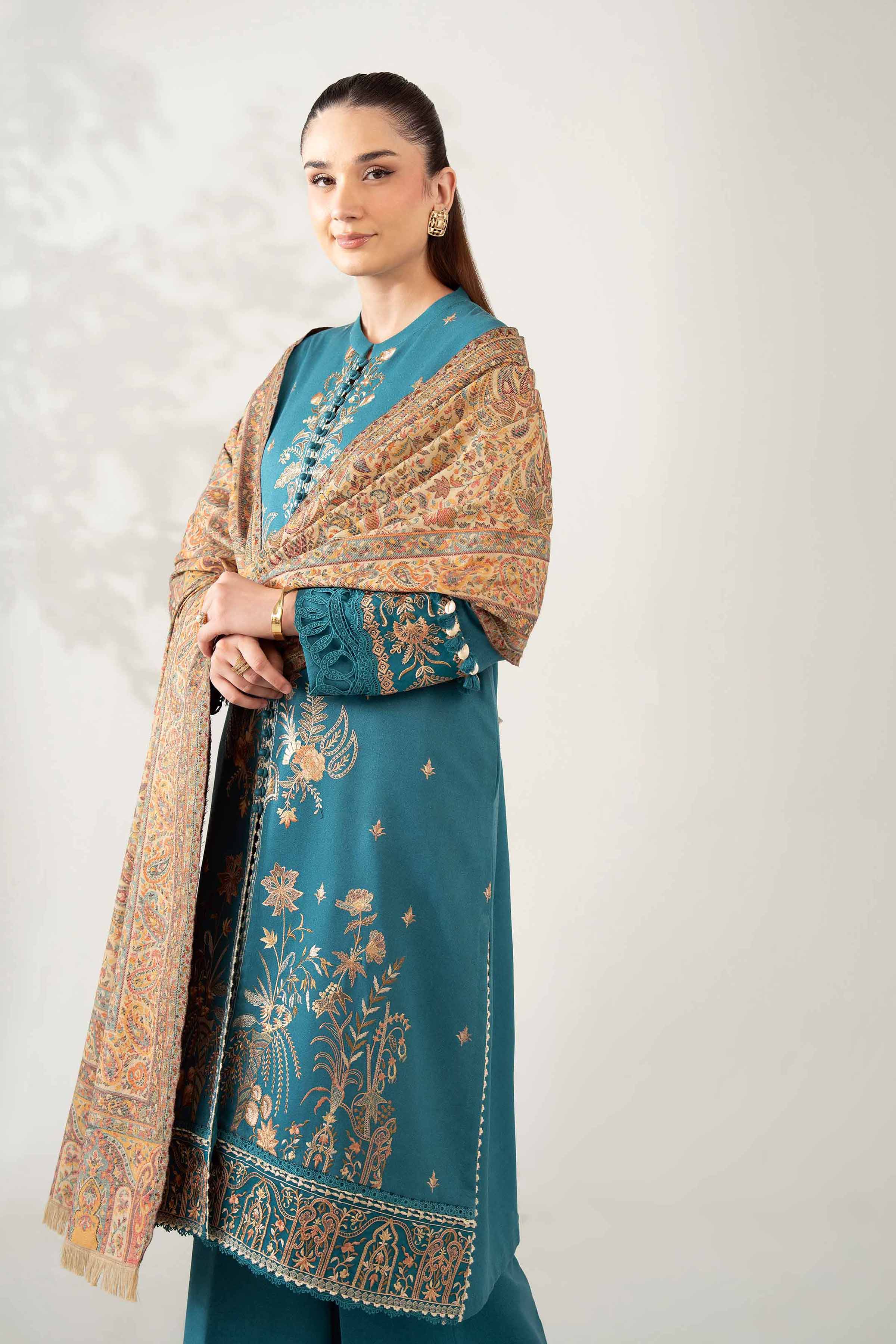 NISHATUAE - Teal Embroidered Karandi 3-piece Unstitched Suit