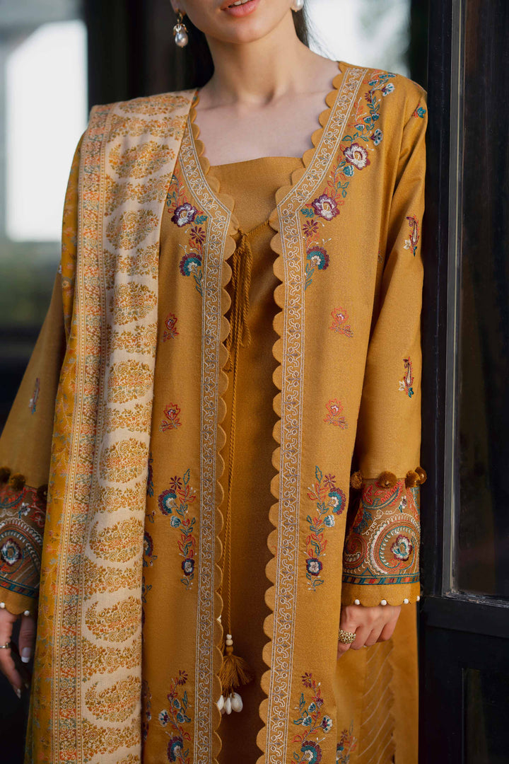 NISHATUAE - Yellow Embroidered Karandi 3-piece Unstitched Suit