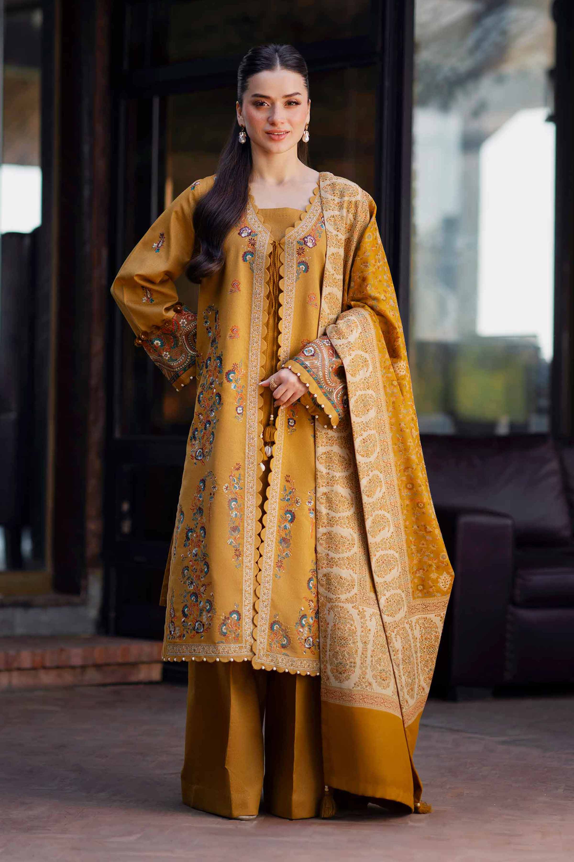NISHATUAE - Yellow Embroidered Karandi 3-piece Unstitched Suit