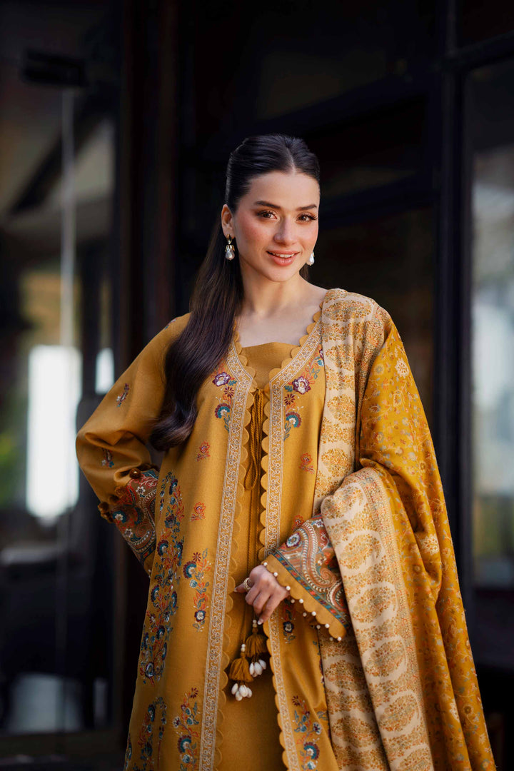 NISHATUAE - Yellow Embroidered Karandi 3-piece Unstitched Suit