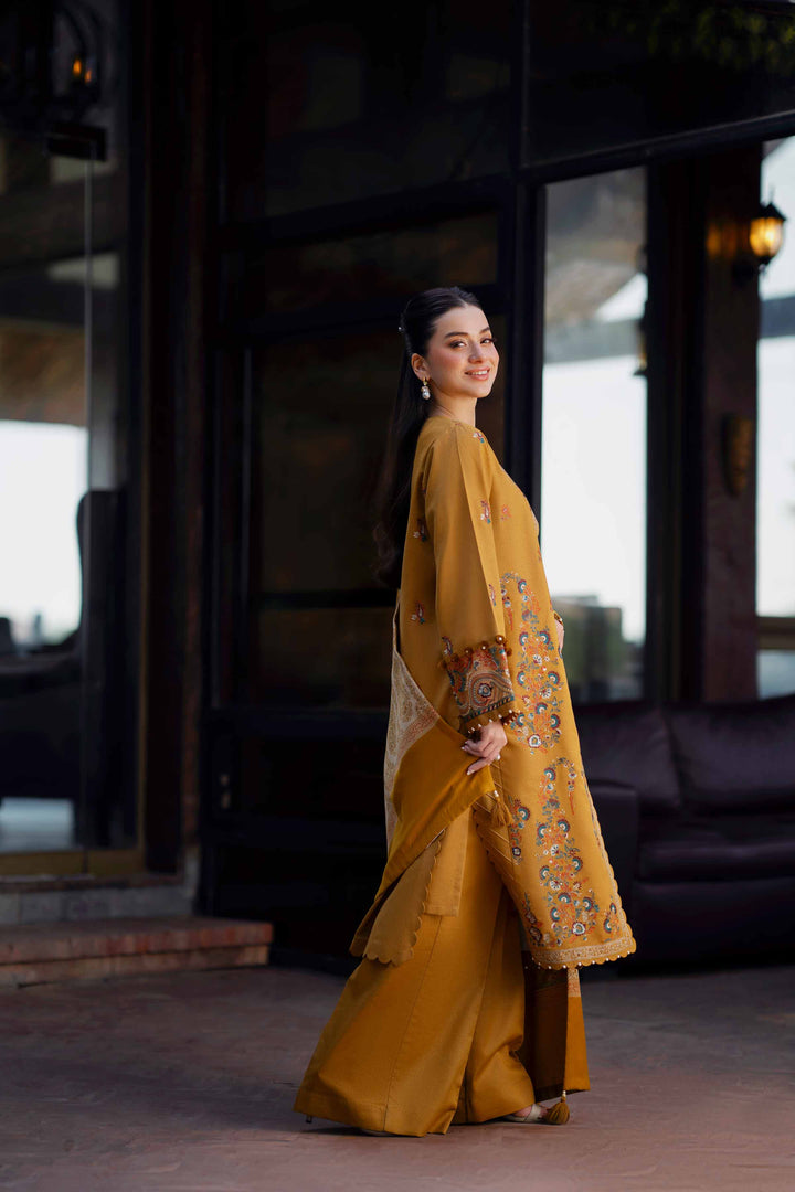 NISHATUAE - Yellow Embroidered Karandi 3-piece Unstitched Suit
