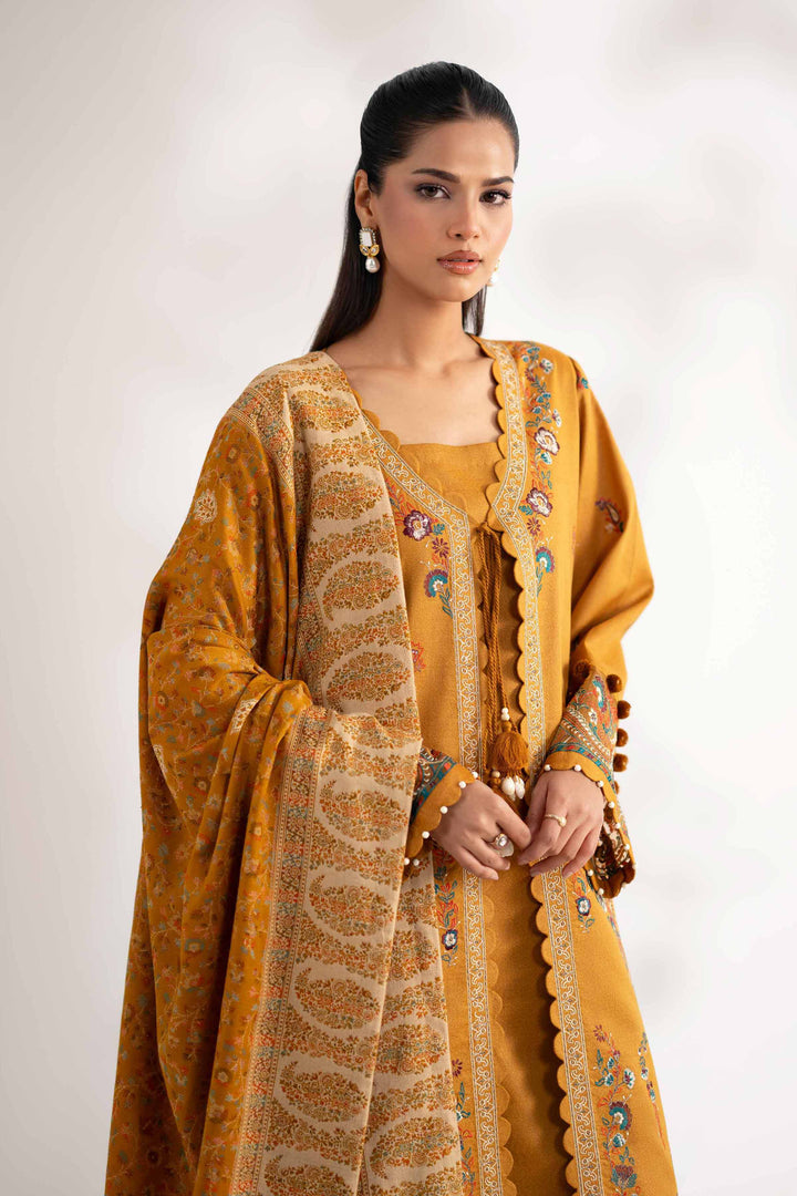 NISHATUAE - Yellow Embroidered Karandi 3-piece Unstitched Suit