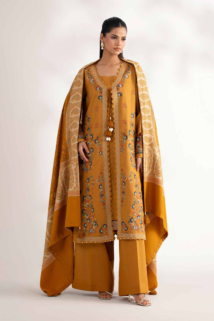 NISHATUAE - Yellow Embroidered Karandi 3-piece Unstitched Suit