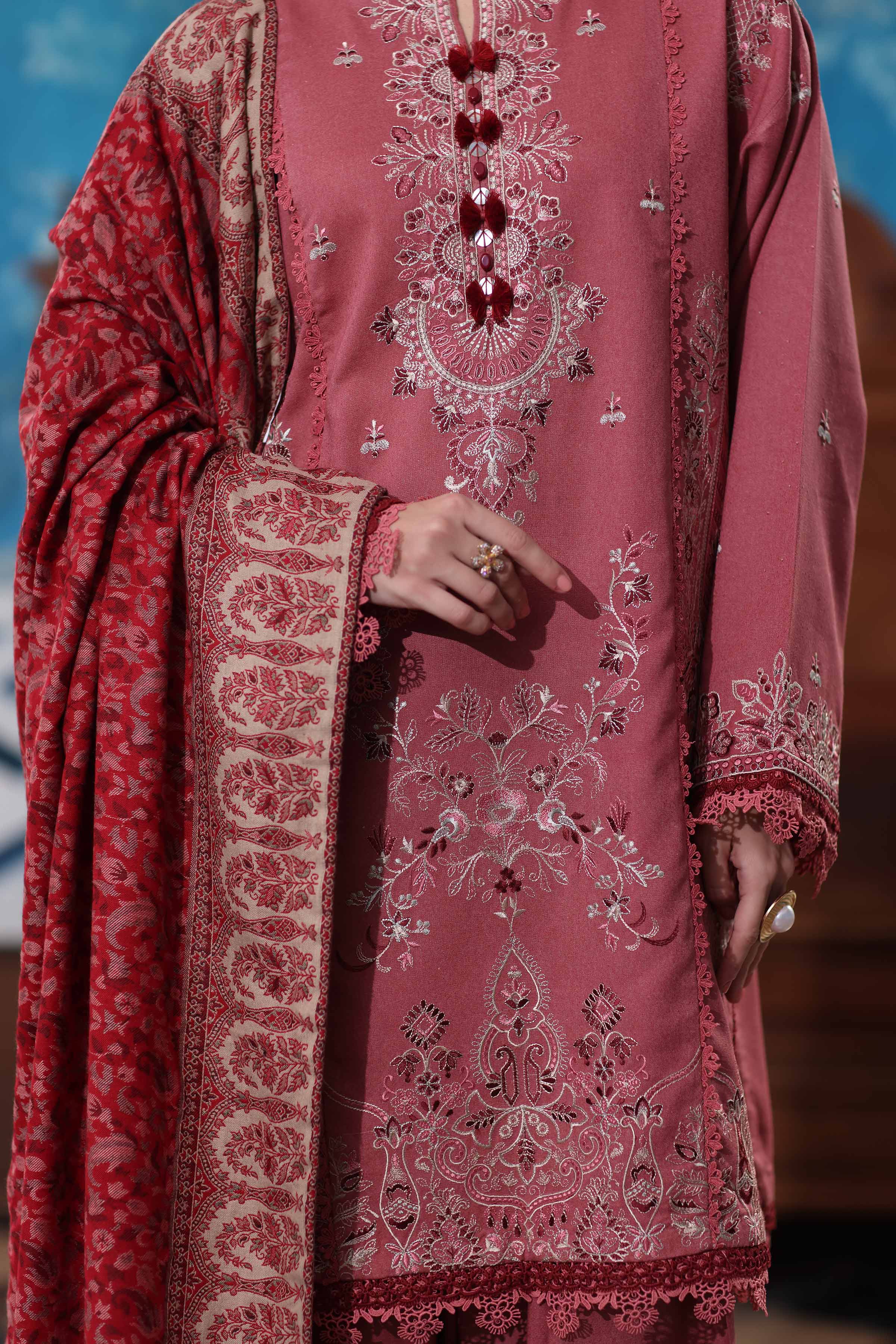 NISHATUAE - Pink Embroidered Karandi 3-piece Unstitched Suit