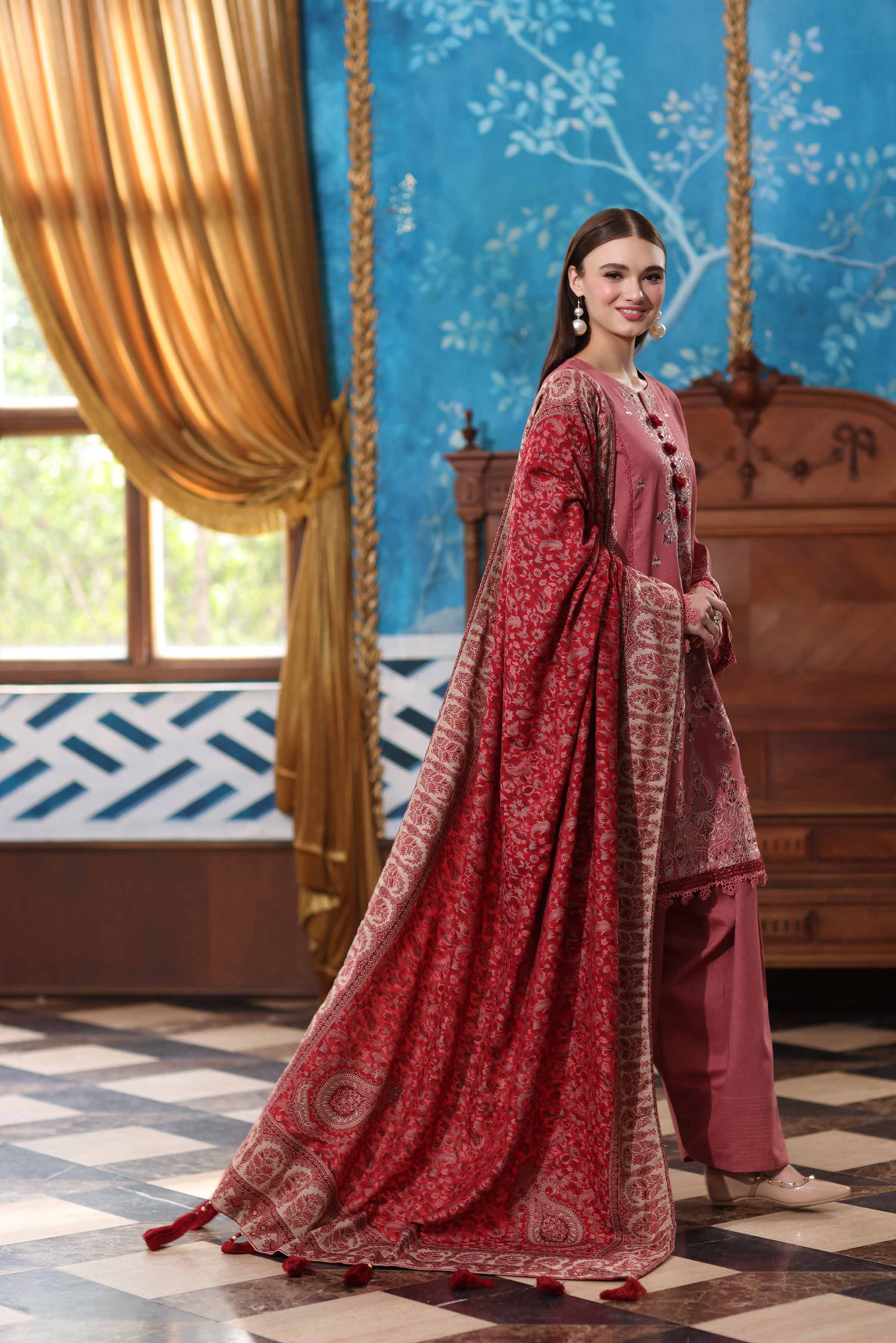 NISHATUAE - Pink Embroidered Karandi 3-piece Unstitched Suit