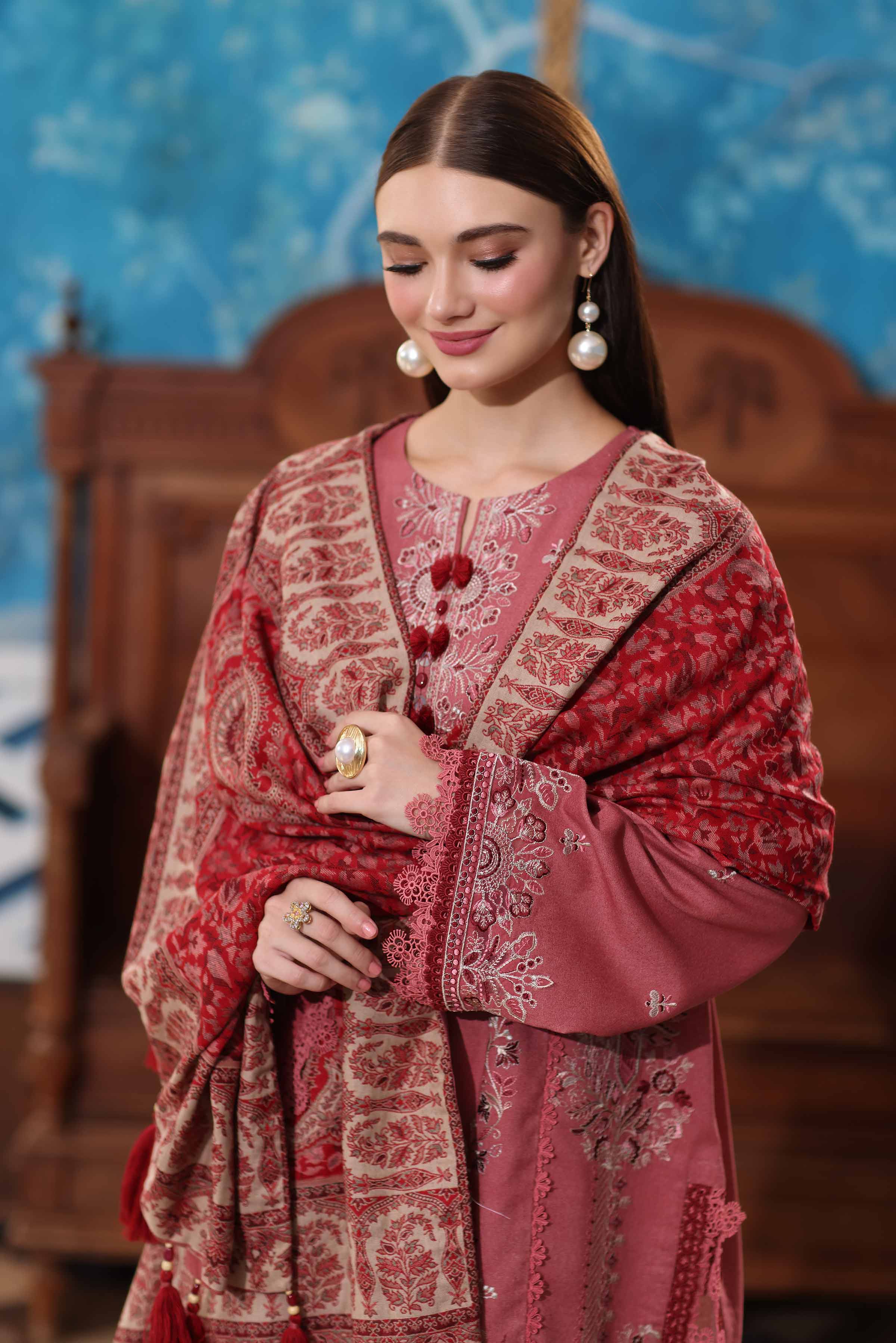 NISHATUAE - Pink Embroidered Karandi 3-piece Unstitched Suit