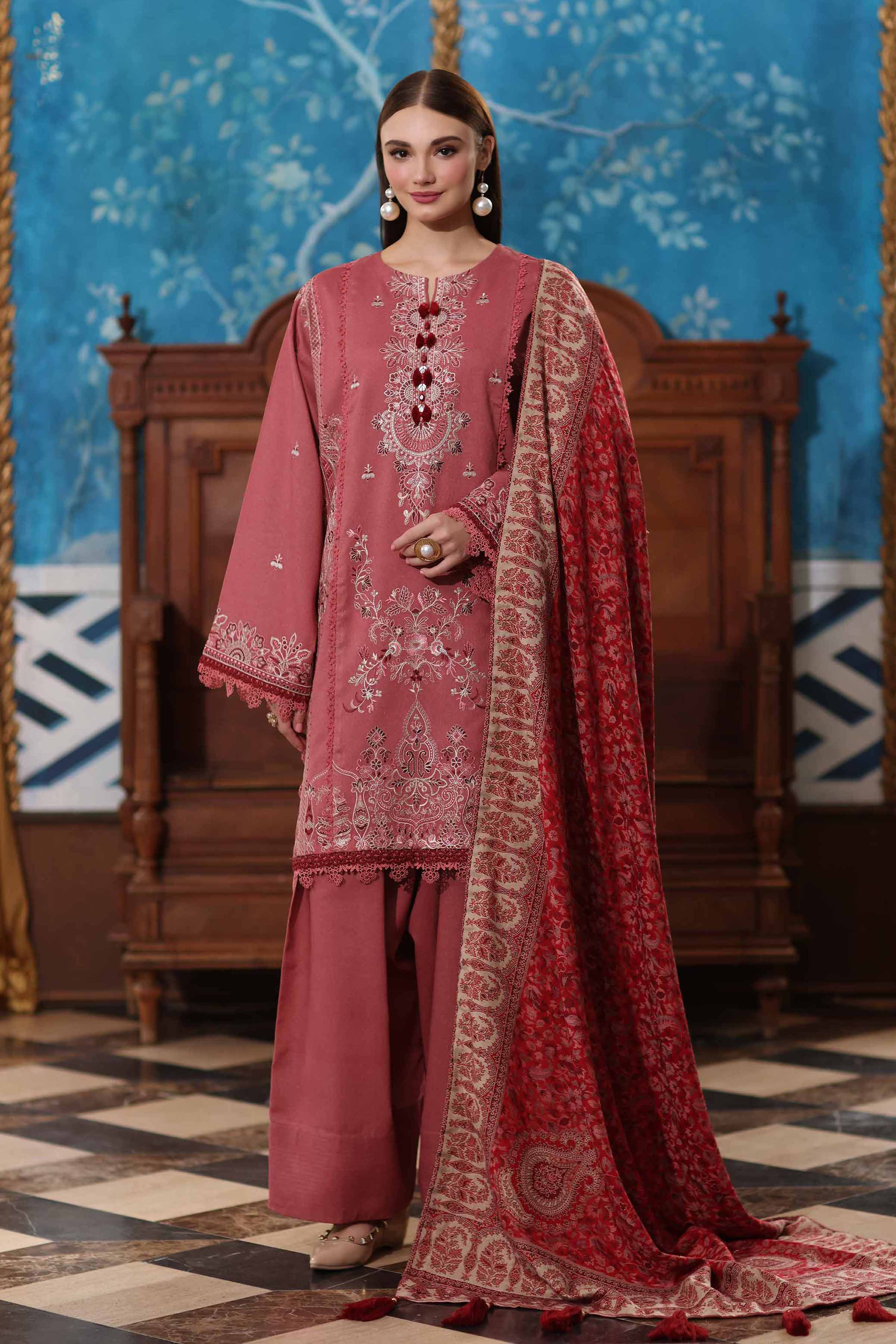 NISHATUAE - Pink Embroidered Karandi 3-piece Unstitched Suit
