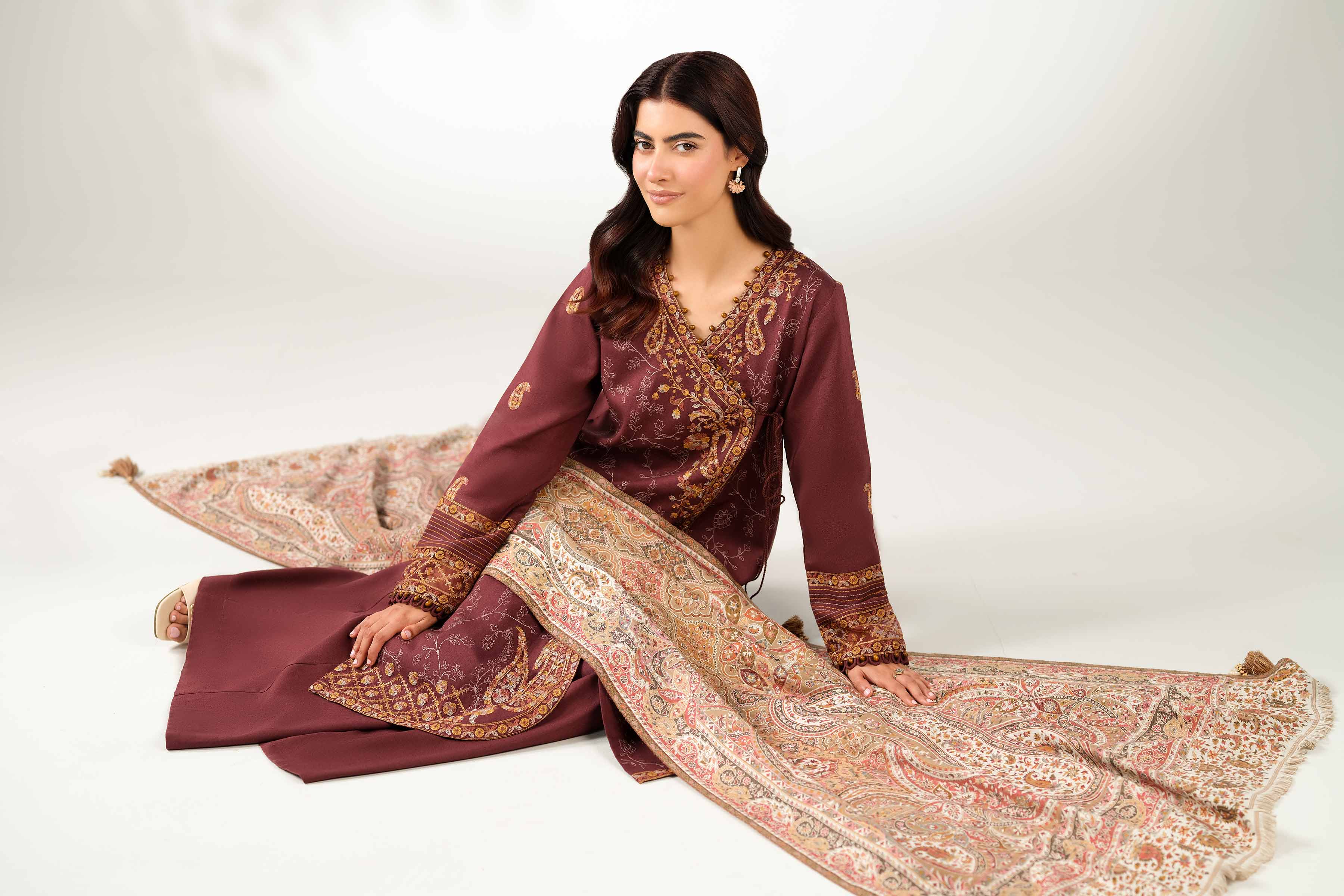 NISHATUAE - Brown Embroidered Karandi 3-piece Unstitched Suit