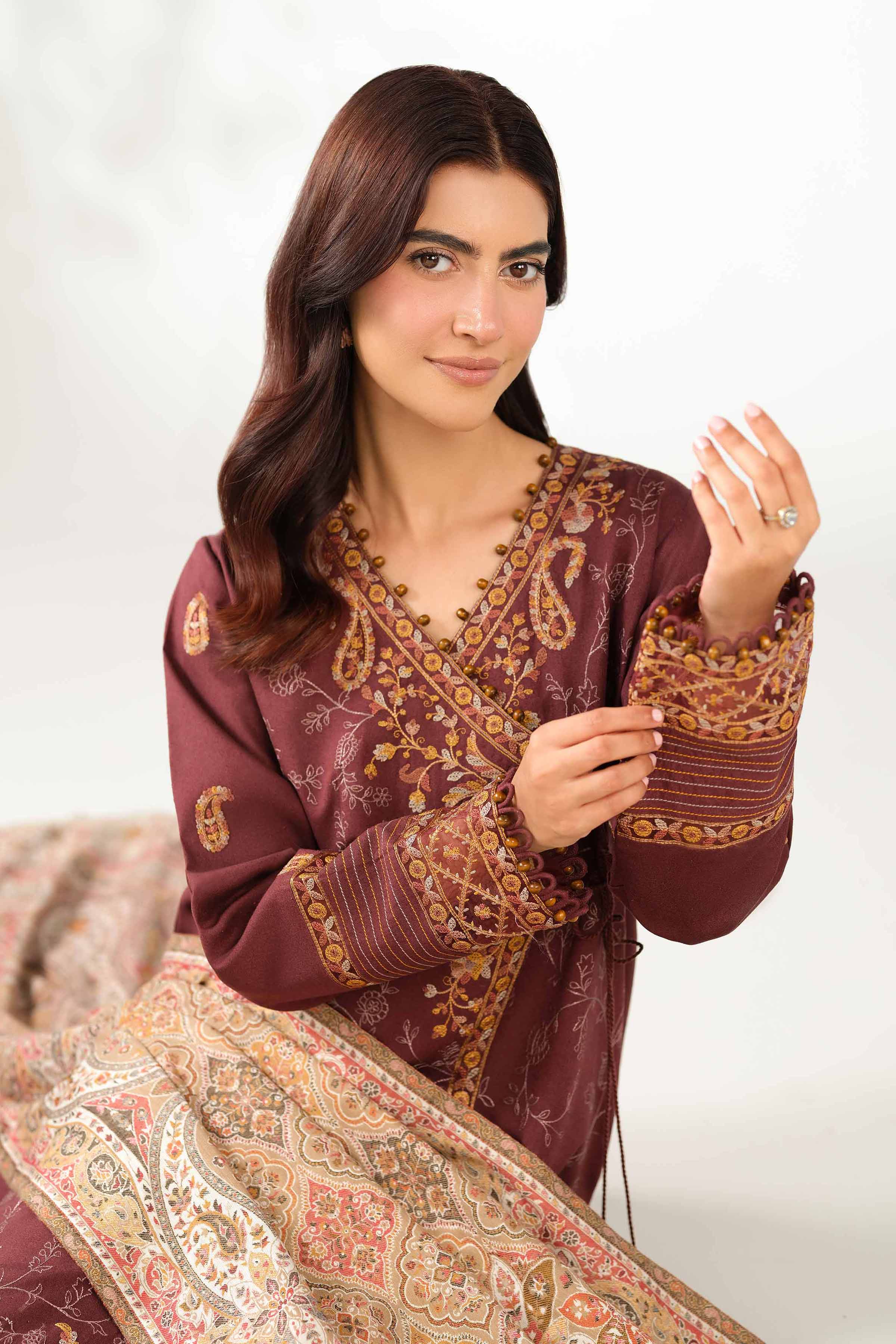NISHATUAE - Brown Embroidered Karandi 3-piece Unstitched Suit