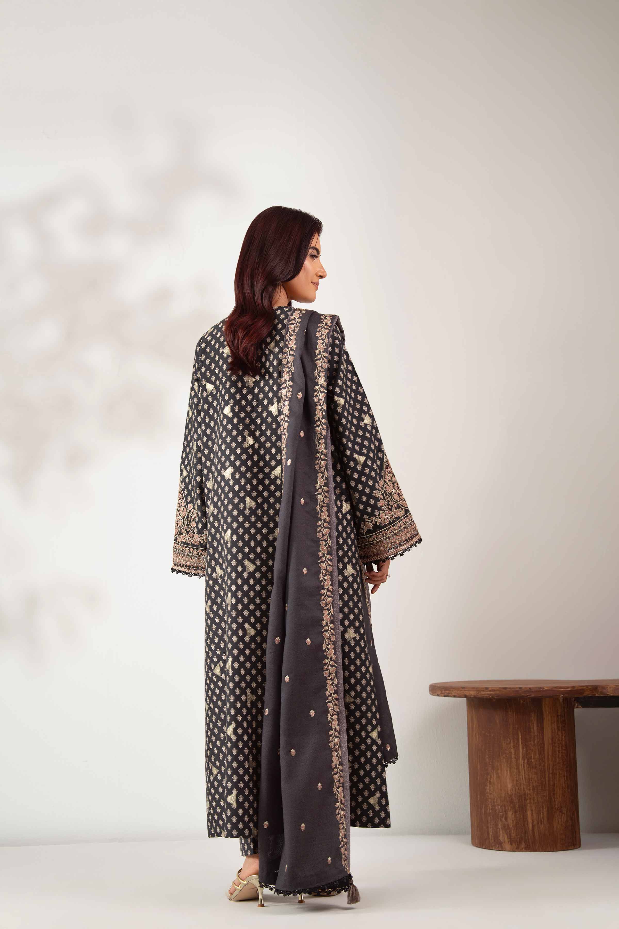 NISHATUAE - Black Embroidered Karandi 3-piece Unstitched Suit