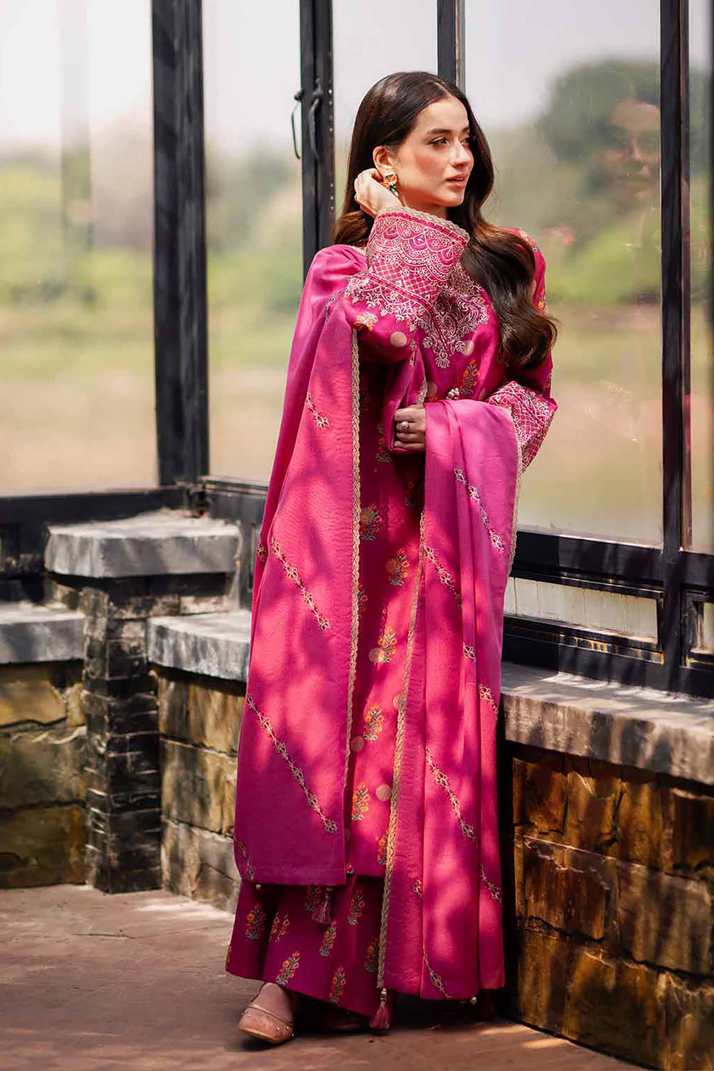 NISHATUAE - Pink Embroidered Karandi 3-piece Unstitched Suit