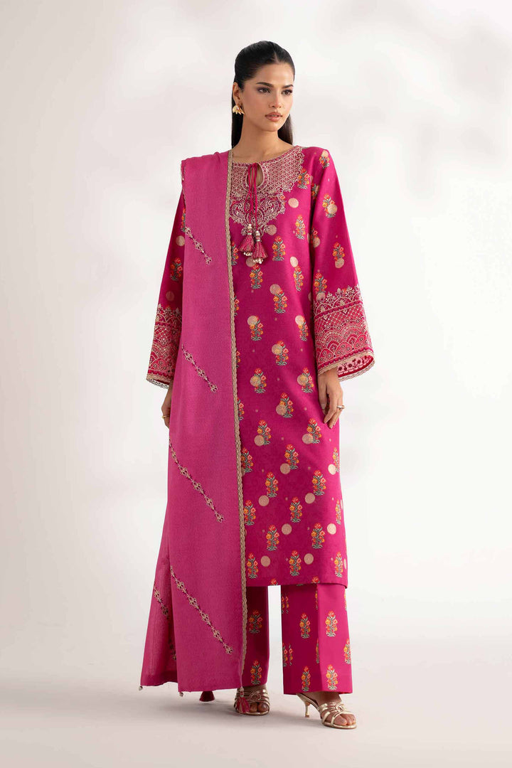 NISHATUAE - Pink Embroidered Karandi 3-piece Unstitched Suit