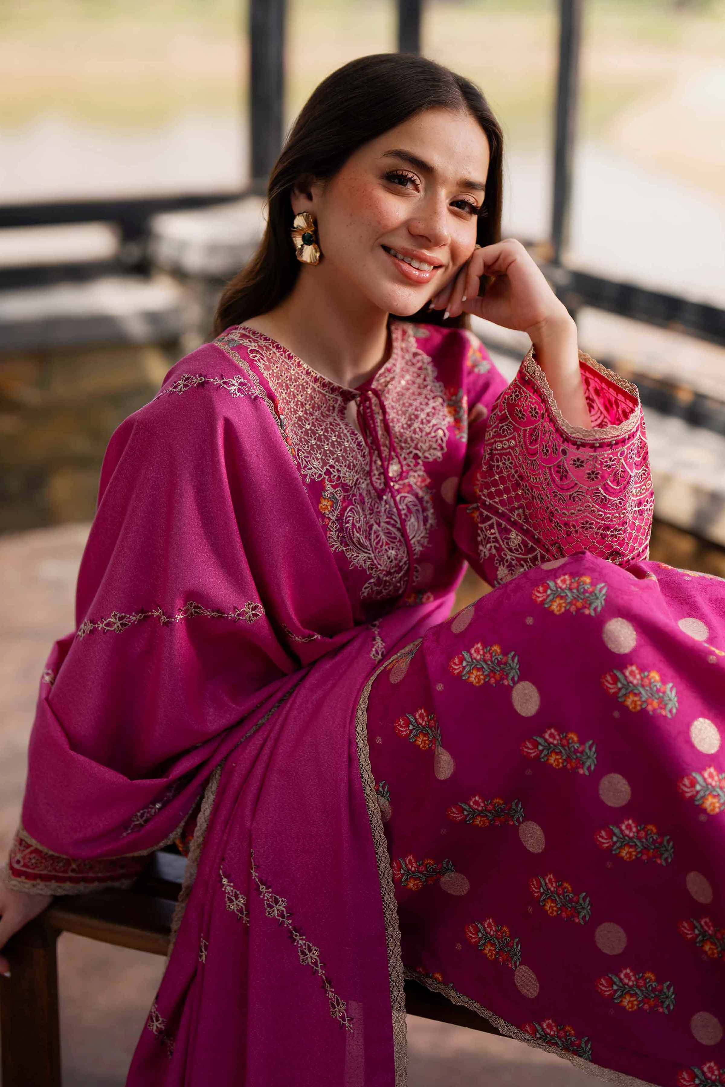 NISHATUAE - Pink Embroidered Karandi 3-piece Unstitched Suit
