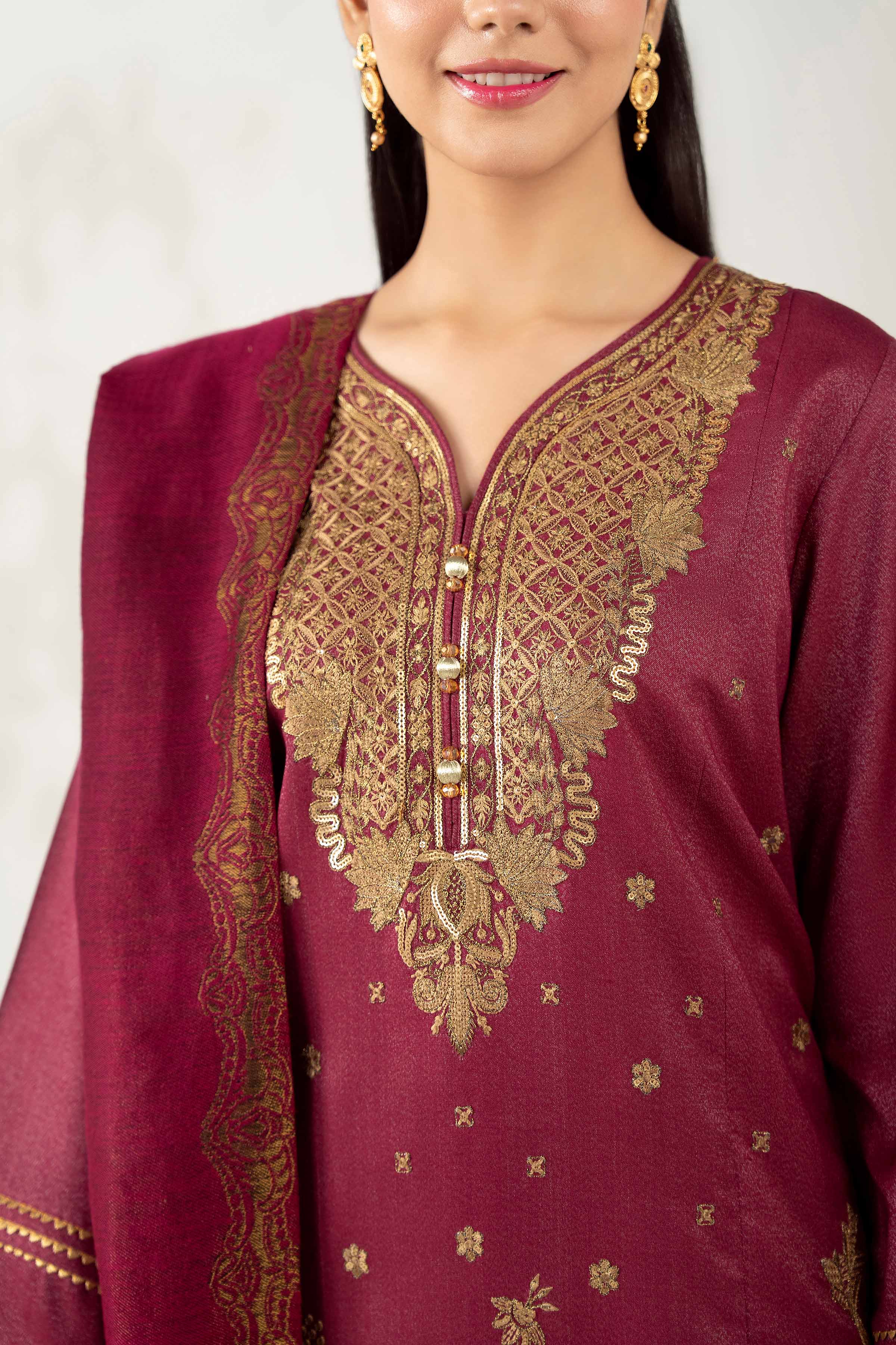 NISHATUAE - Burgundy Embroidered Moon Light 3-piece Unstitched Suit
