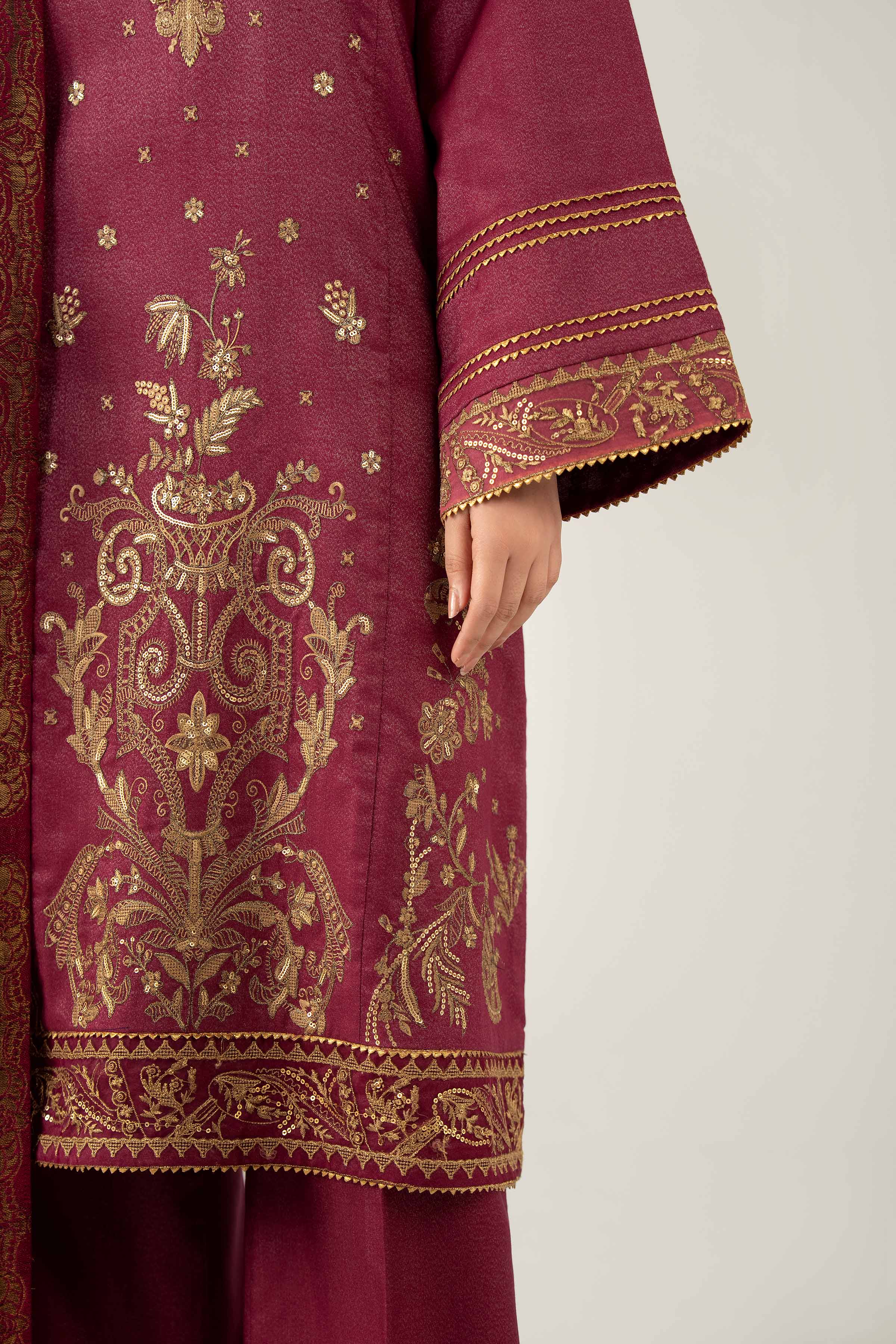 NISHATUAE - Burgundy Embroidered Moon Light 3-piece Unstitched Suit