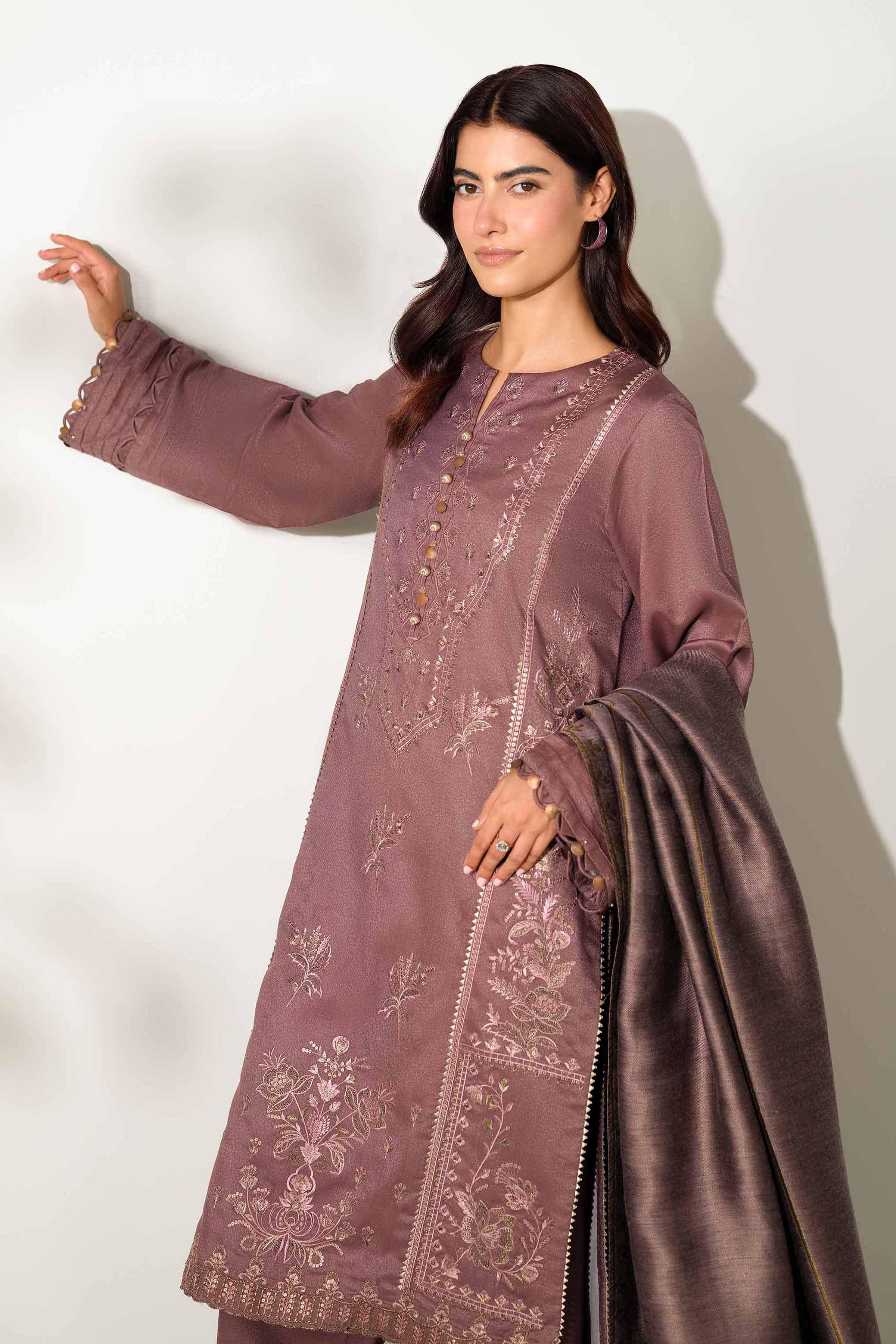 NISHATUAE - Purple Embroidered Moon Light 3-piece Unstitched Suit