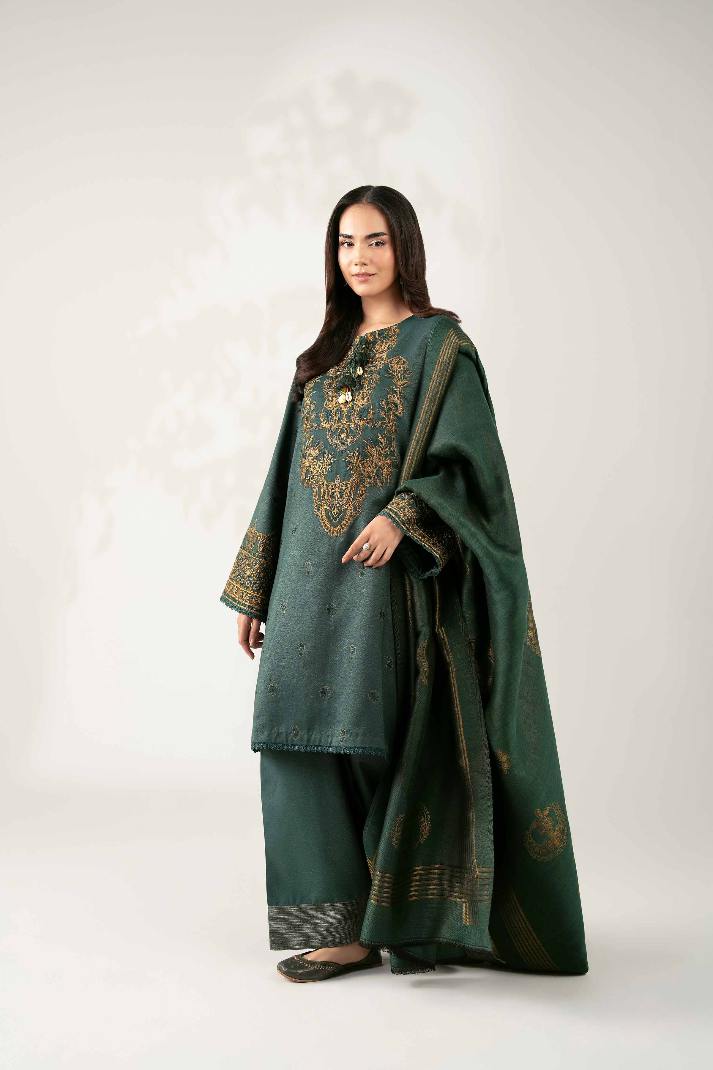 NISHATUAE - Green Embroidered Moon Light 3-piece Unstitched Suit