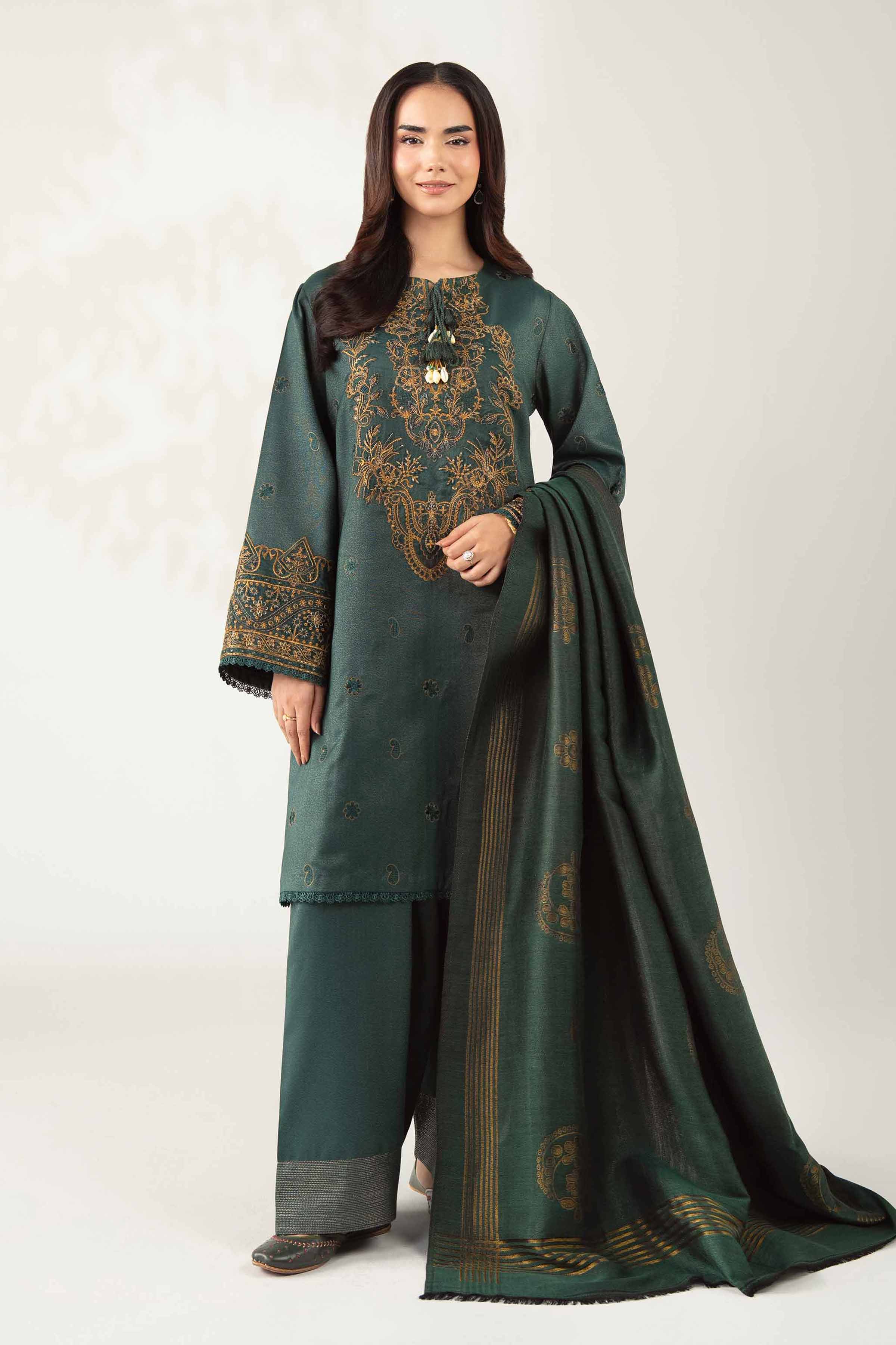 NISHATUAE - Green Embroidered Moon Light 3-piece Unstitched Suit