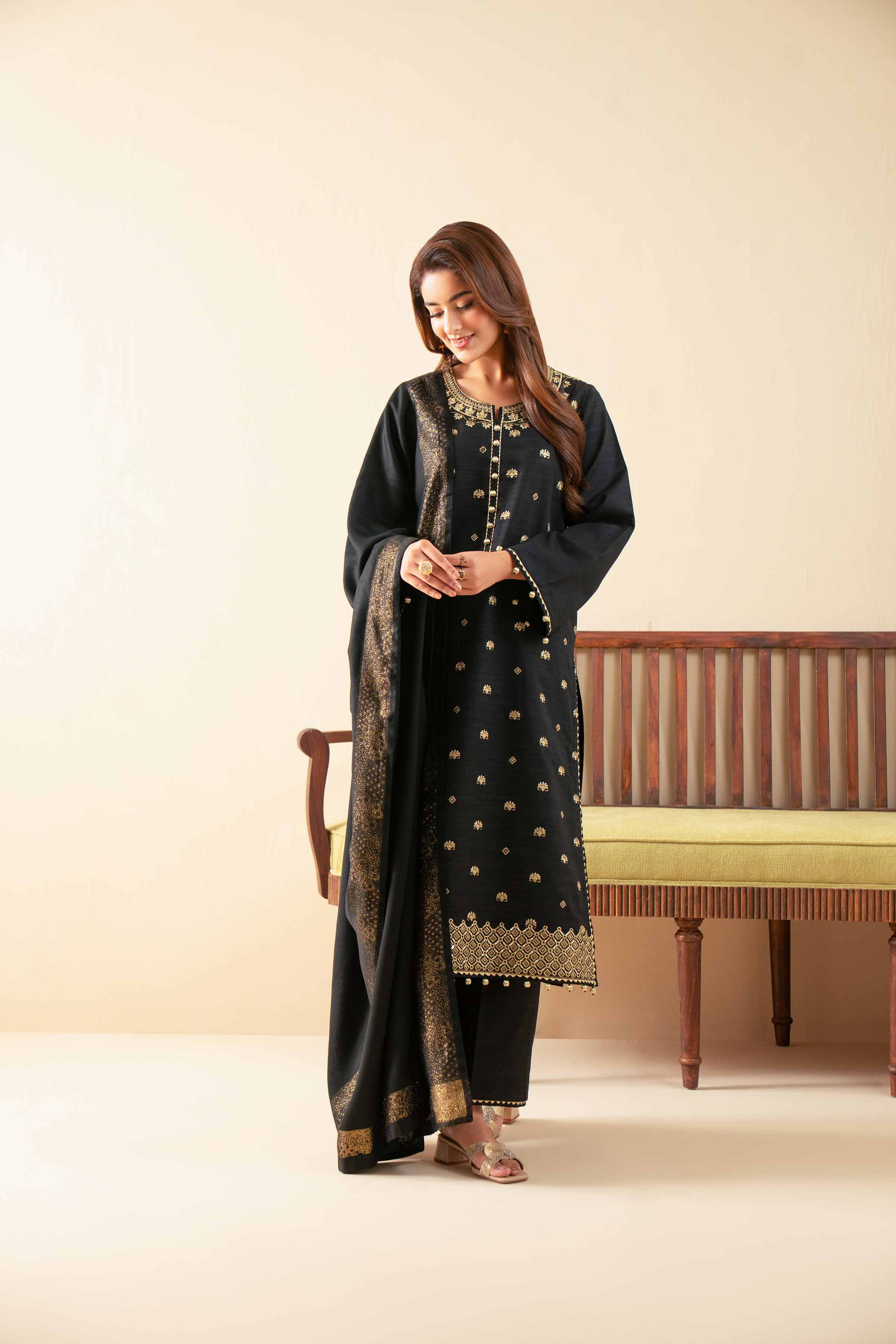 NISHATUAE - Black Embroidered Khaddar 3-piece Unstitched Suit