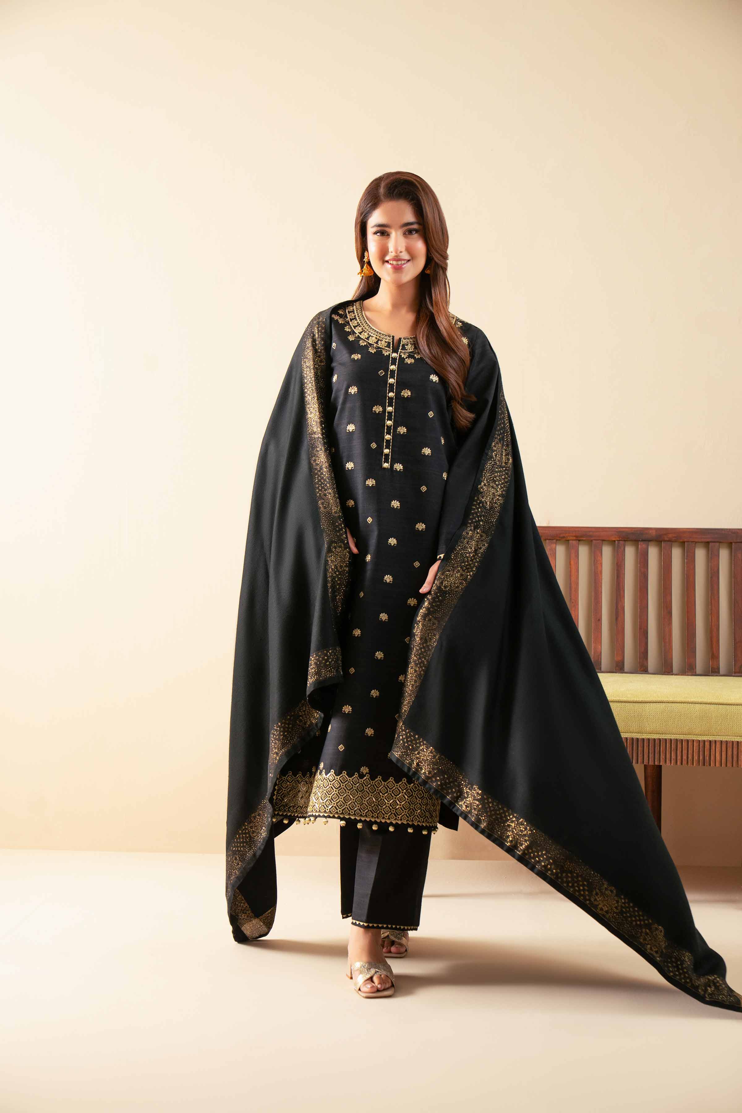 NISHATUAE - Black Embroidered Khaddar 3-piece Unstitched Suit
