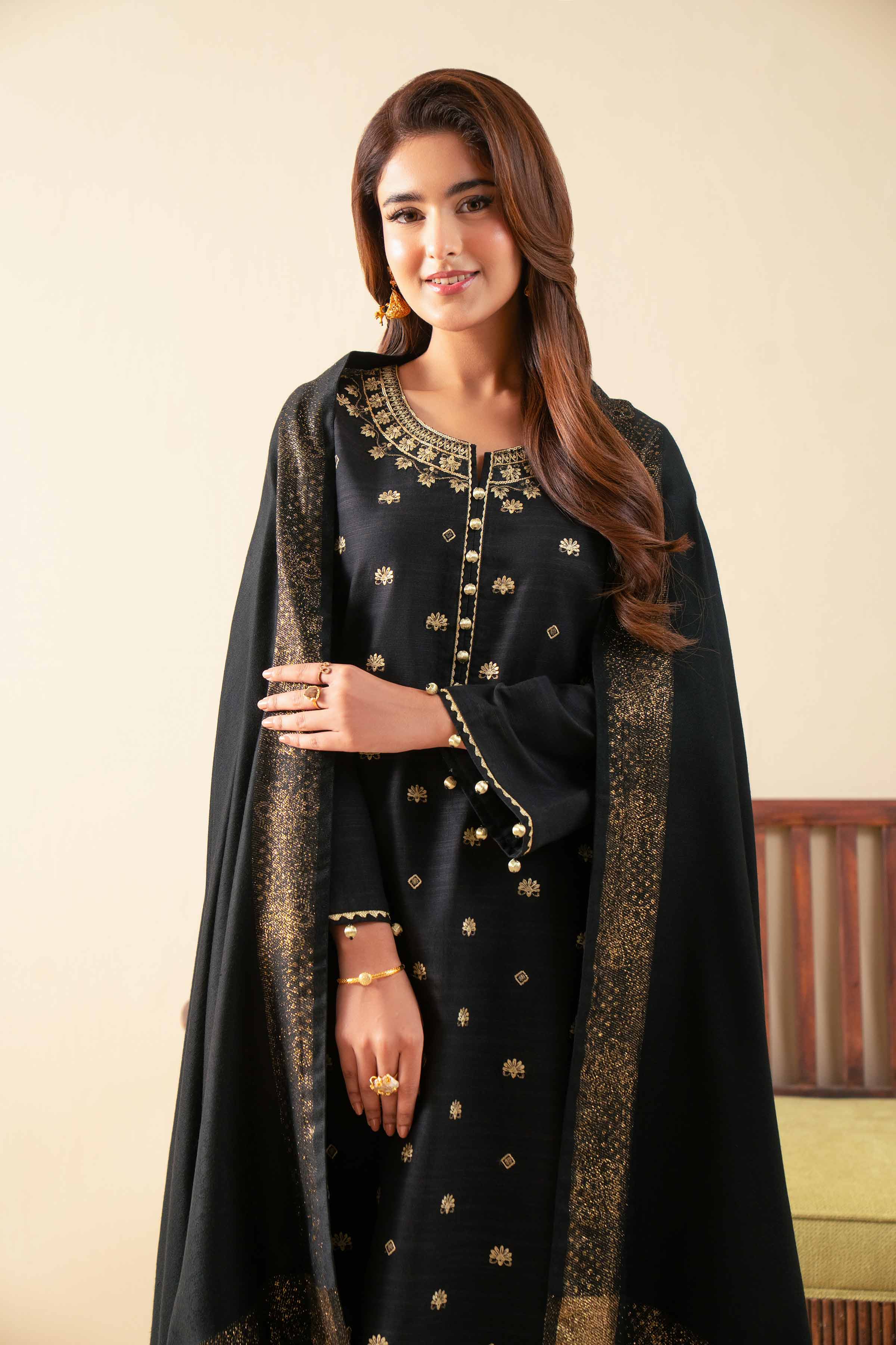 NISHATUAE - Black Embroidered Khaddar 3-piece Unstitched Suit