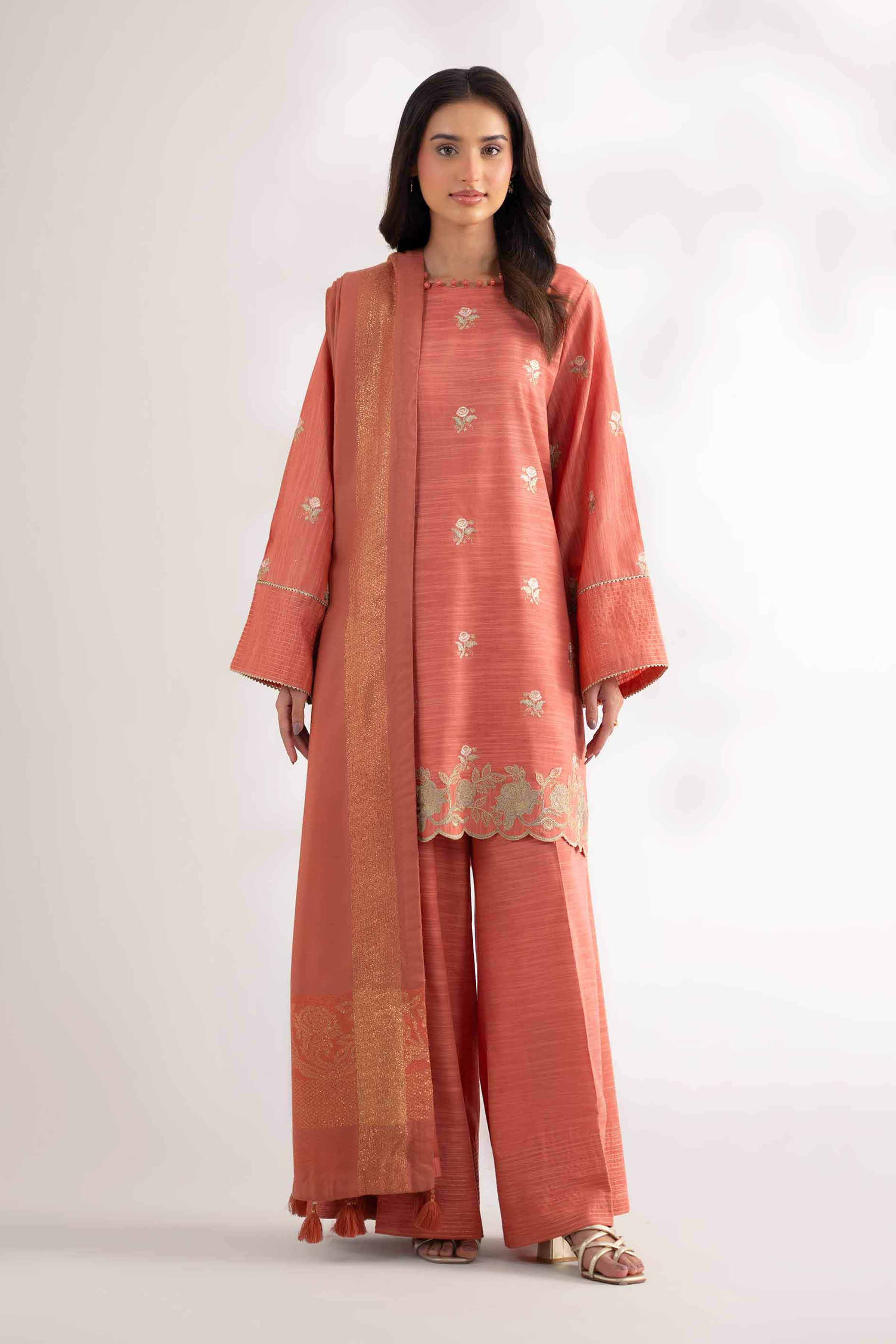 NISHATUAE - Coral Embroidered Khaddar 3-piece Unstitched Suit
