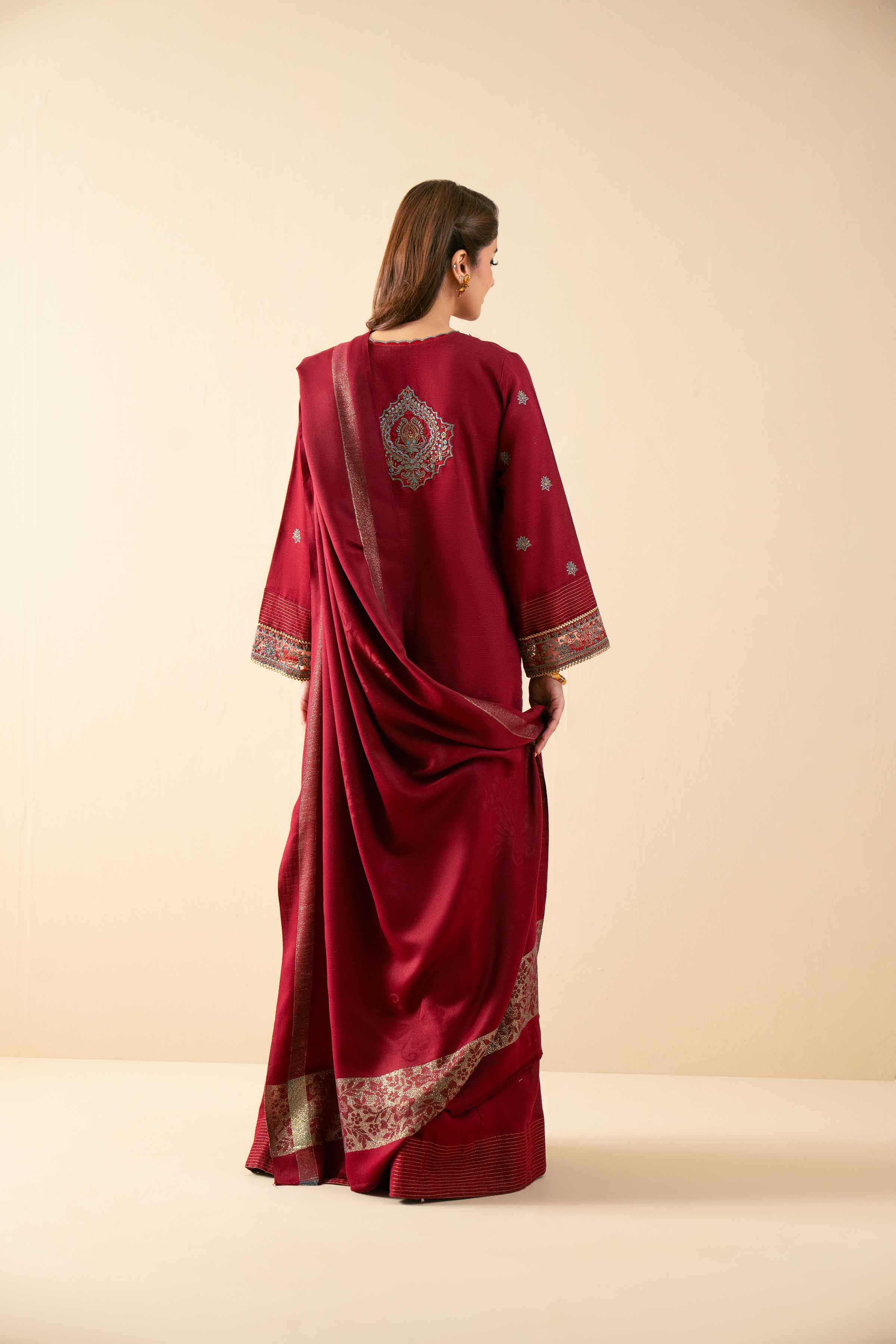 NISHATUAE - Maroon Embroidered Khaddar 3-piece Unstitched Suit