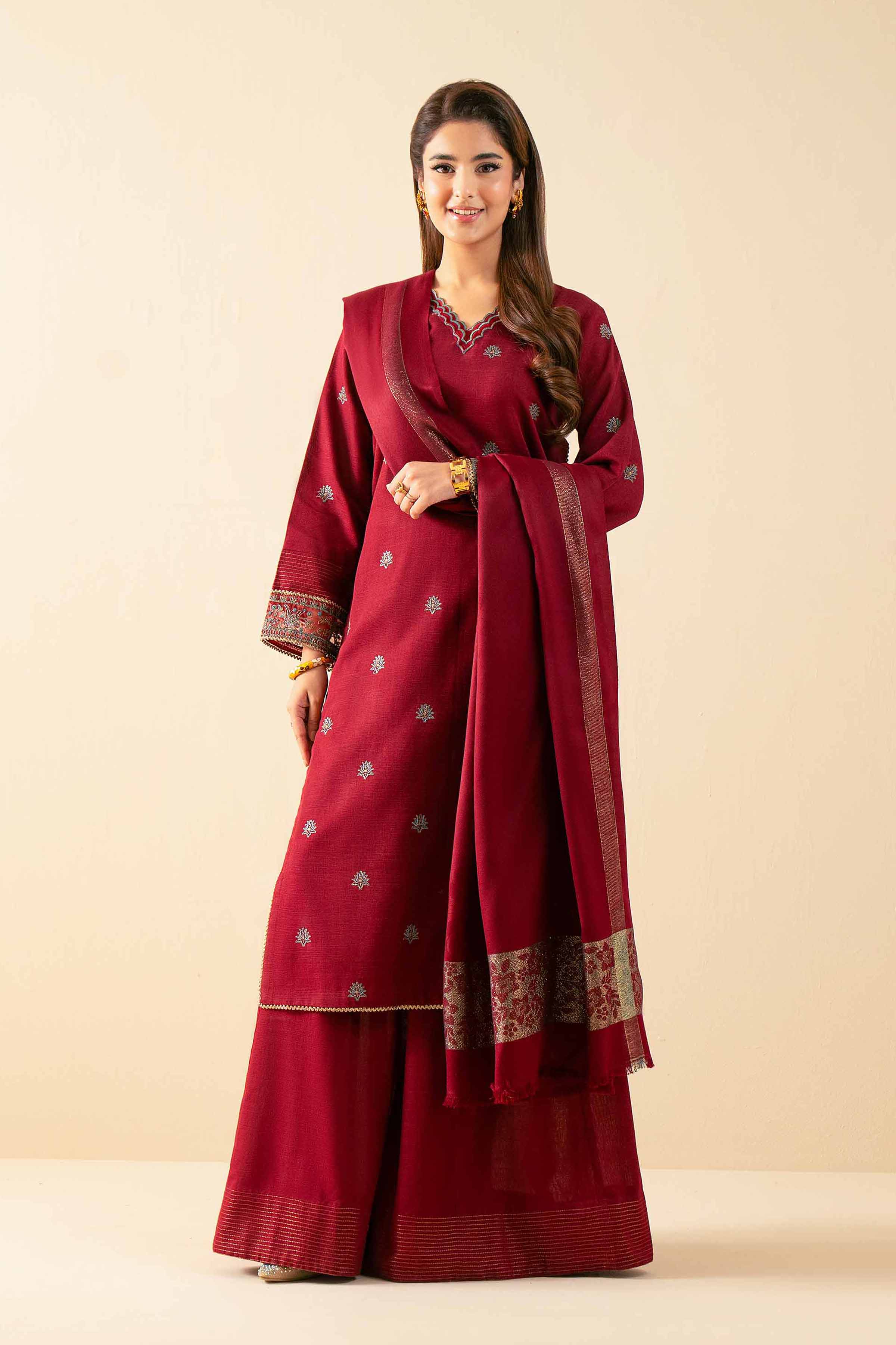 NISHATUAE - Maroon Embroidered Khaddar 3-piece Unstitched Suit