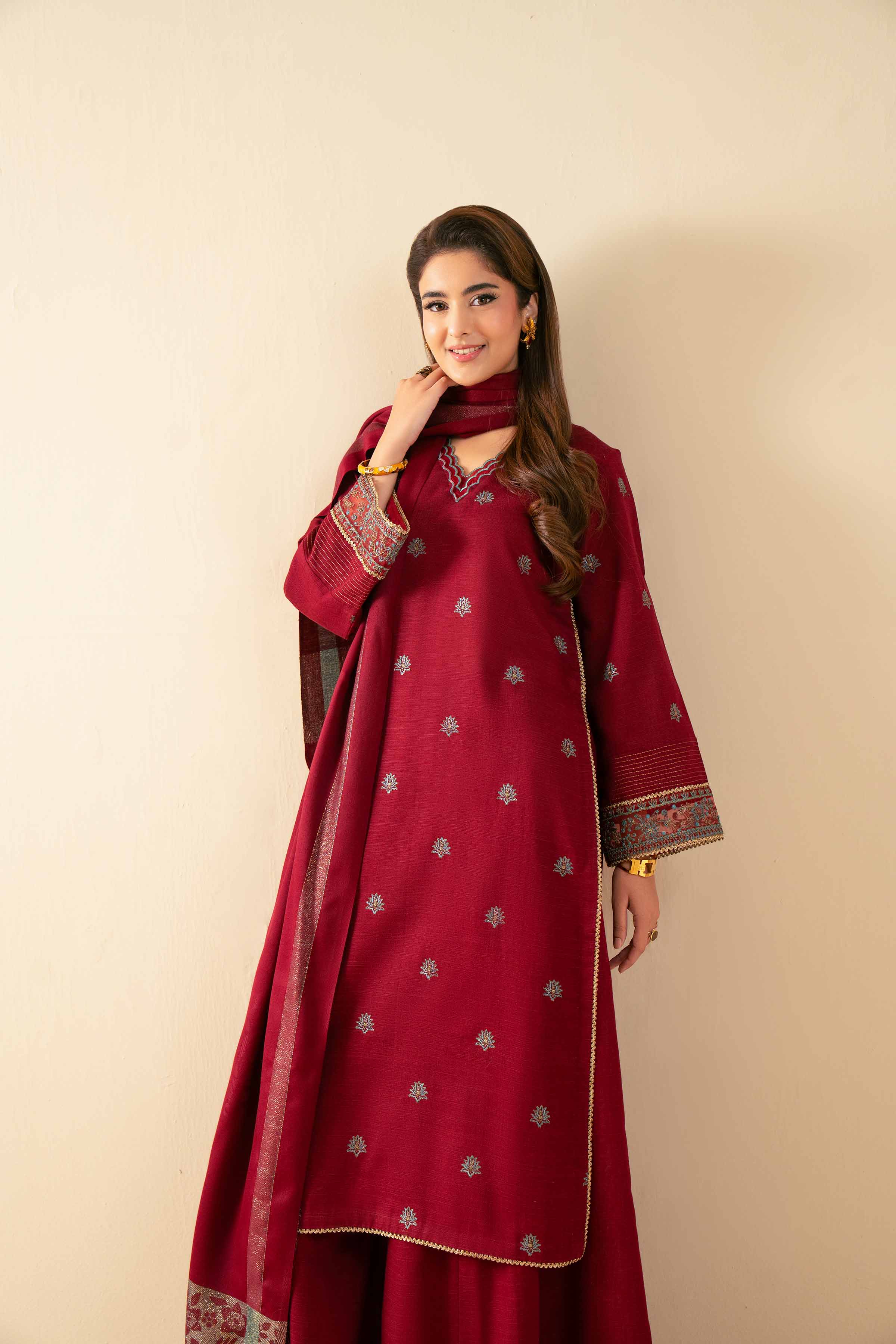 NISHATUAE - Maroon Embroidered Khaddar 3-piece Unstitched Suit