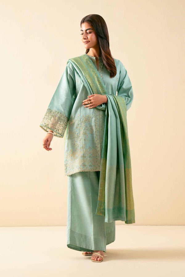 NISHATUAE - Green Embroidered Khaddar 3-piece Unstitched Suit