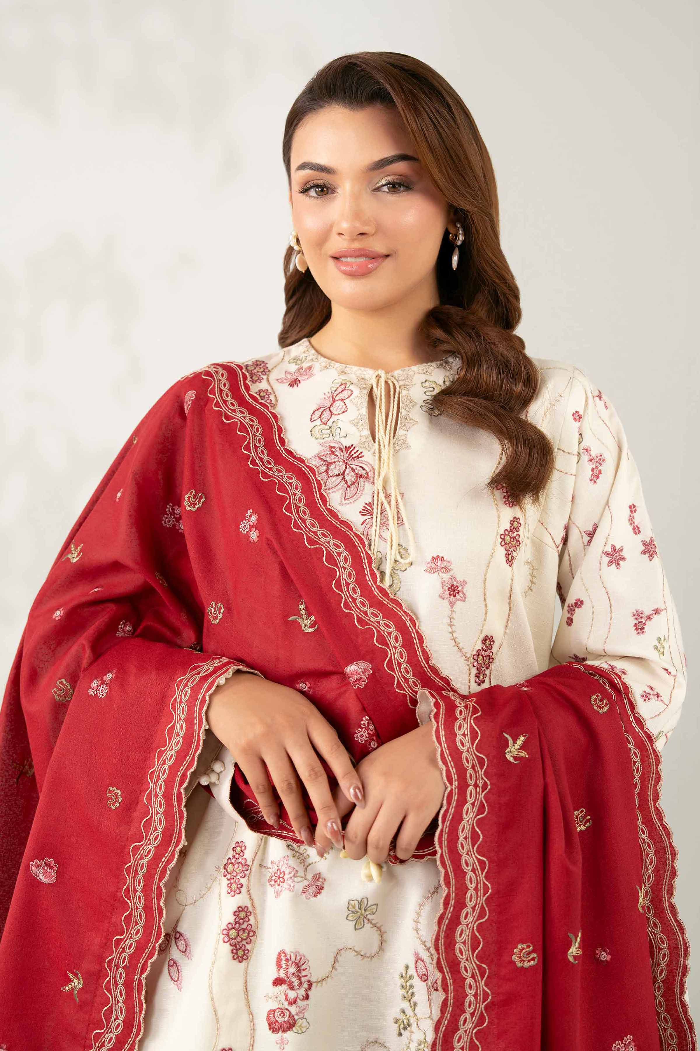 NISHATUAE - Cream Embroidered Karandi 3-piece Unstitched Suit