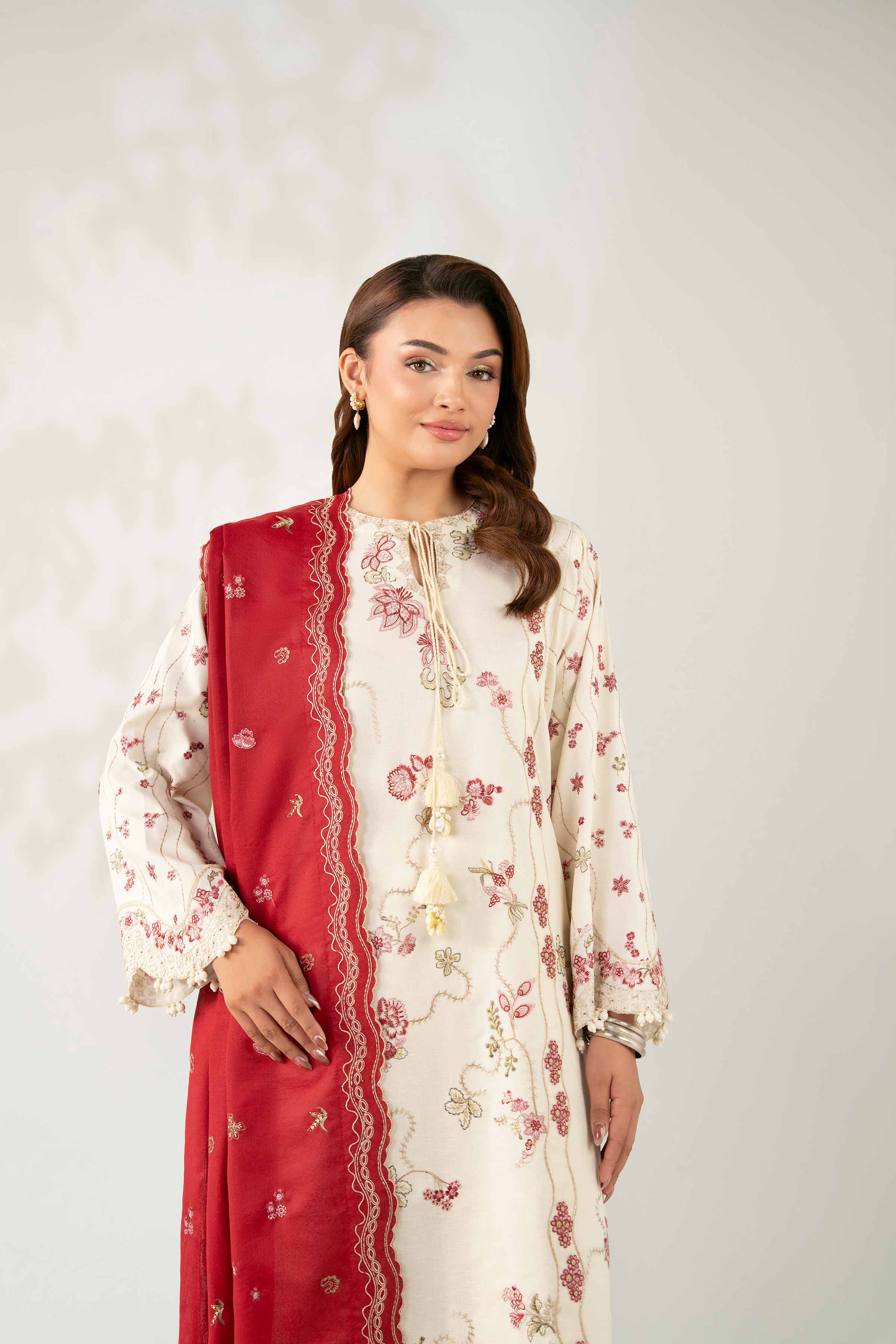 NISHATUAE - Cream Embroidered Karandi 3-piece Unstitched Suit