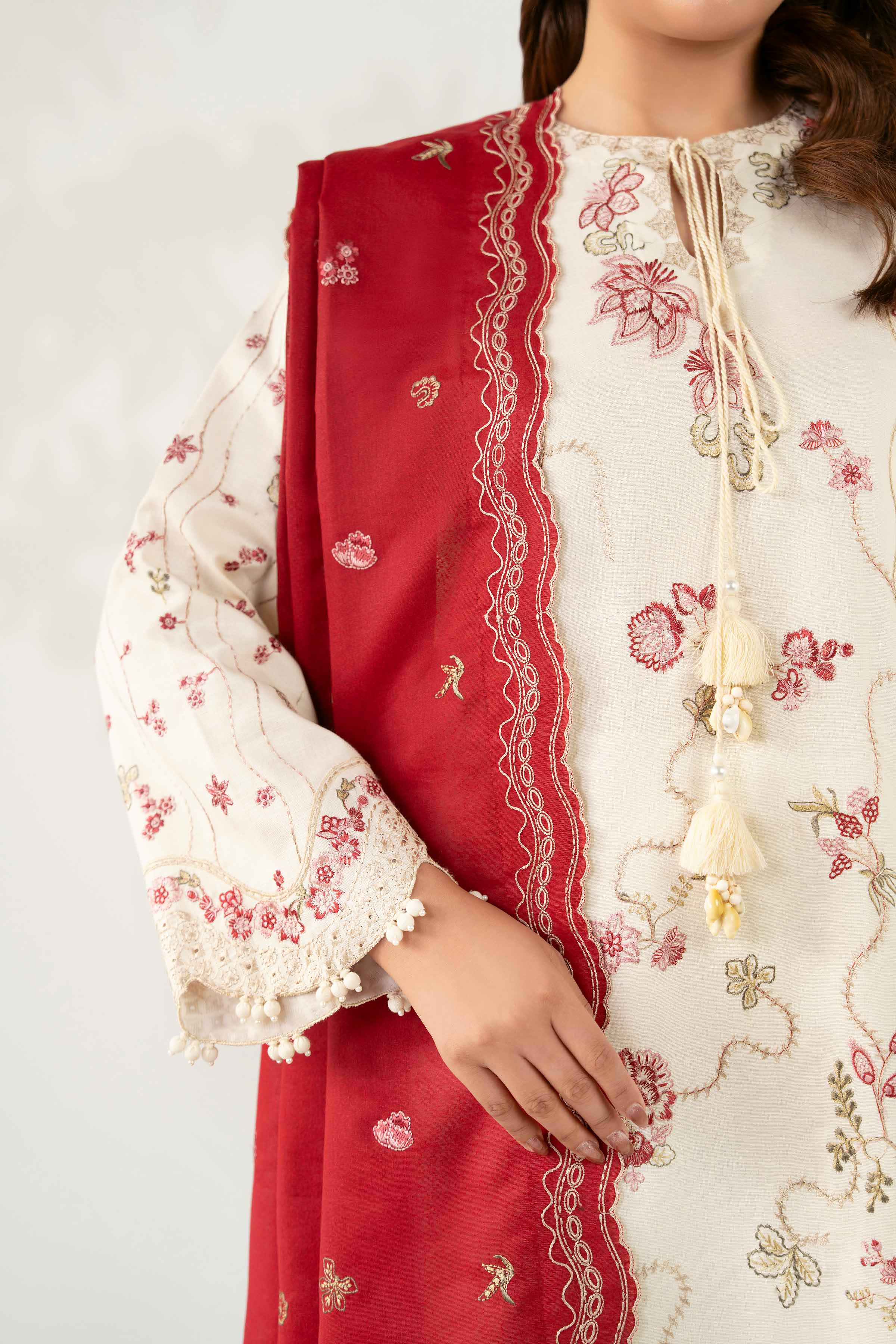 NISHATUAE - Cream Embroidered Karandi 3-piece Unstitched Suit