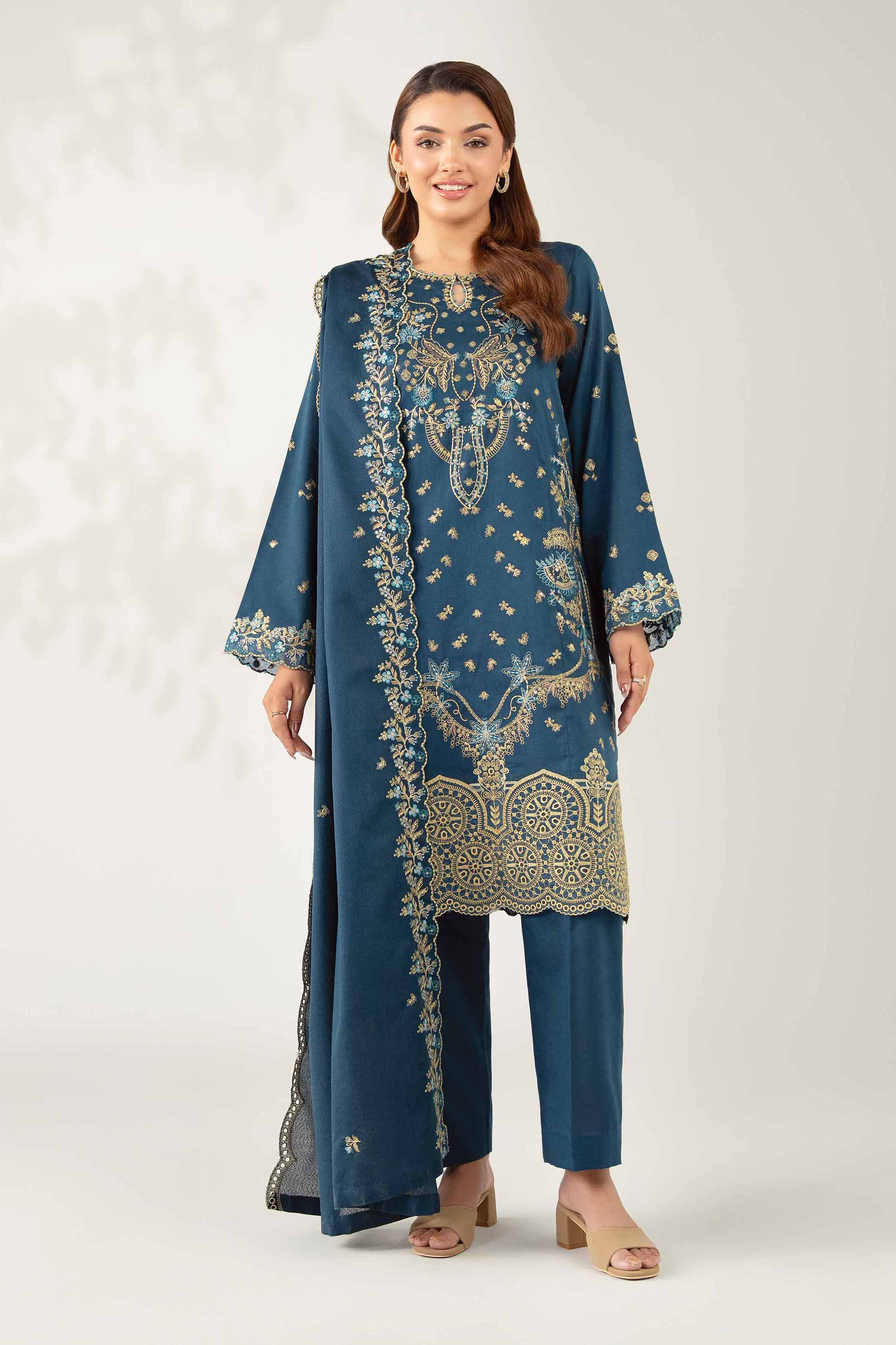 NISHATUAE - Blue Embroidered Karandi 3-piece Unstitched Suit