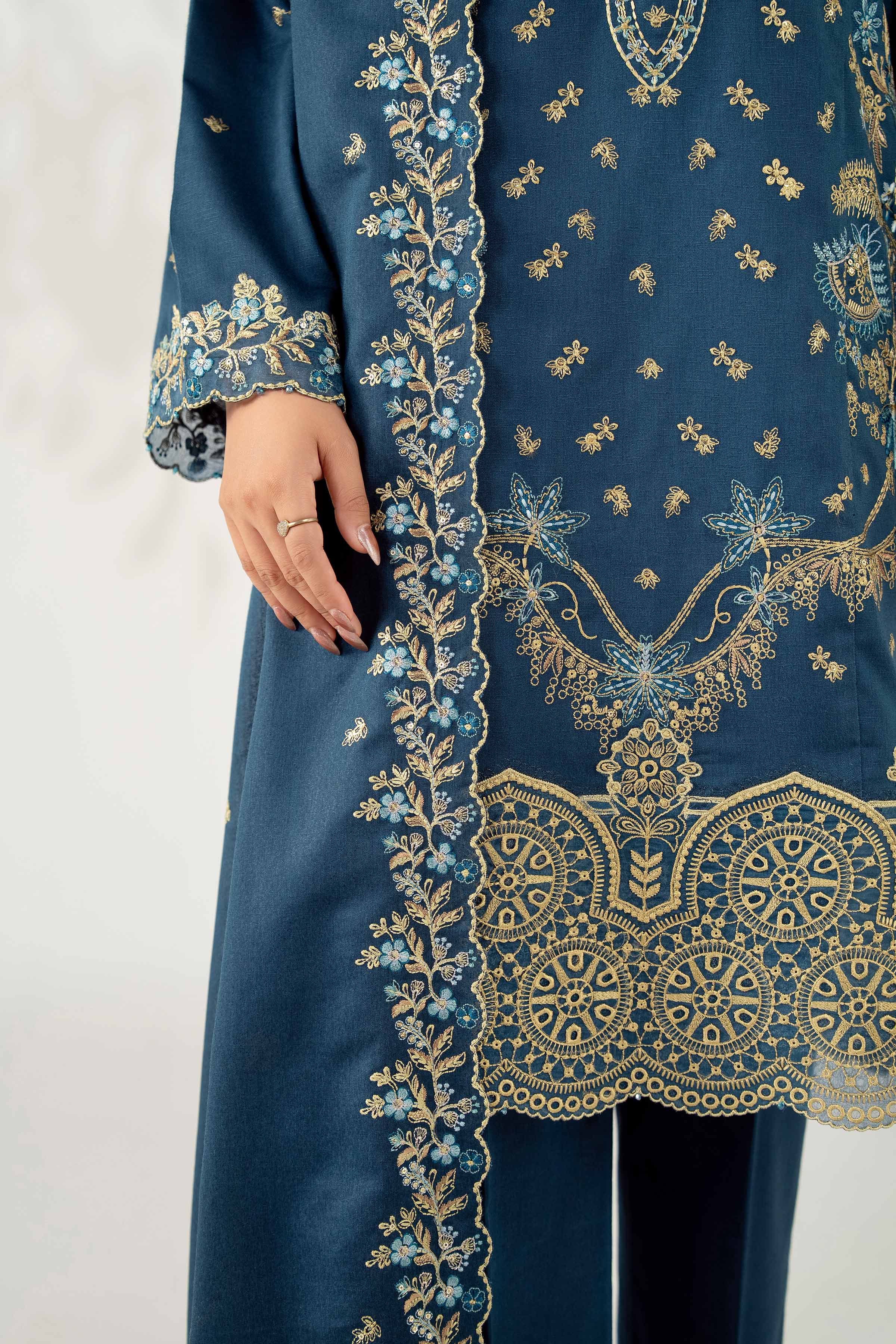 NISHATUAE - Blue Embroidered Karandi 3-piece Unstitched Suit