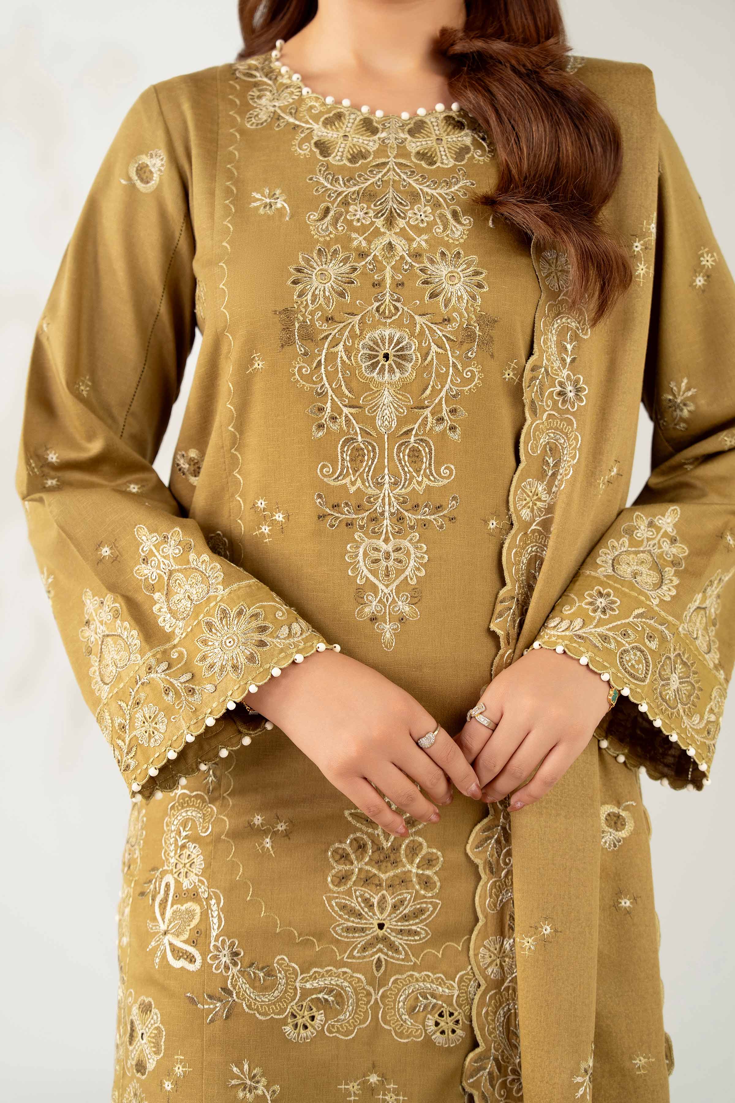 NISHATUAE - Olive Embroidered Karandi 3-piece Unstitched Suit