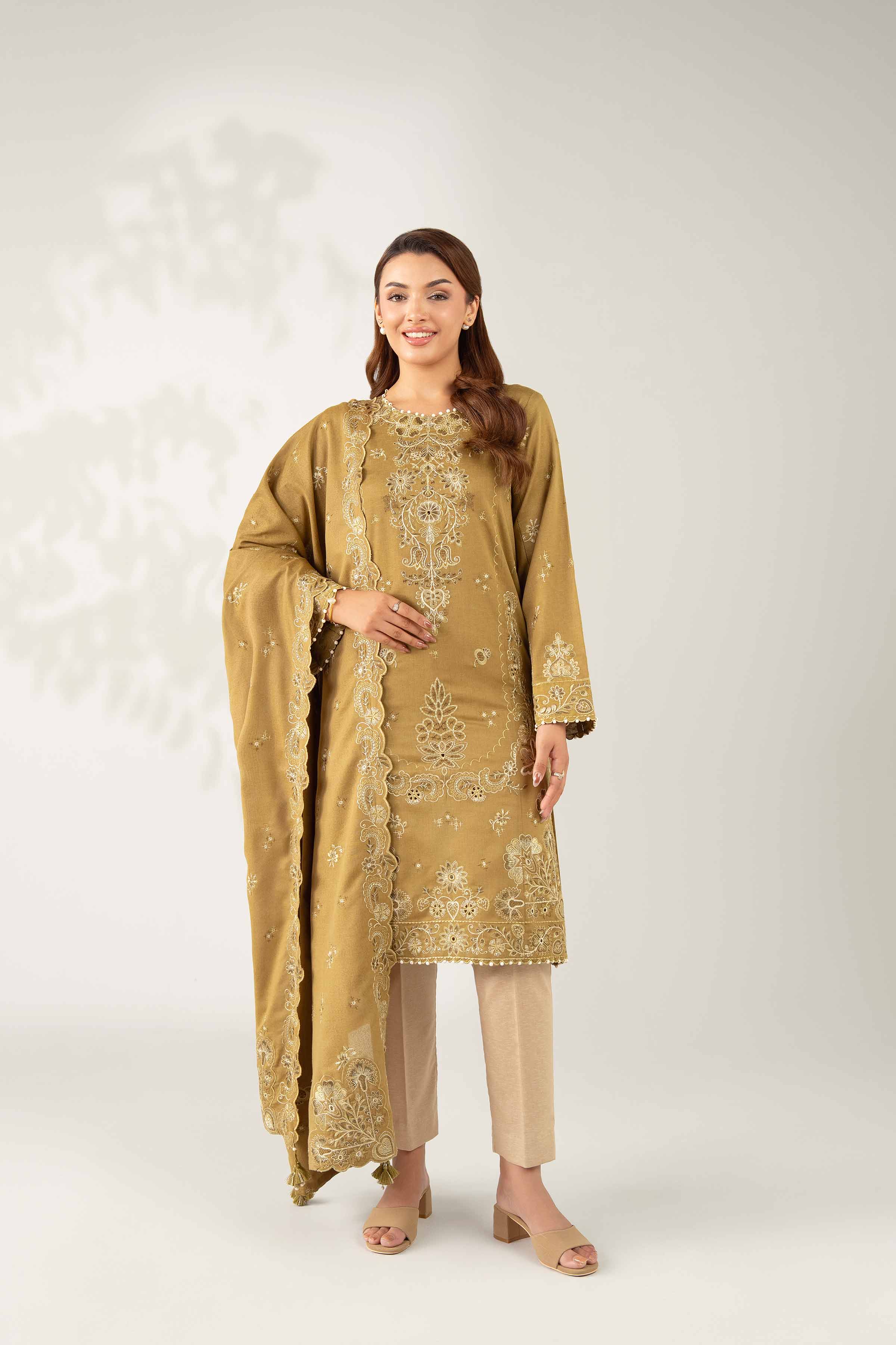 NISHATUAE - Olive Embroidered Karandi 3-piece Unstitched Suit