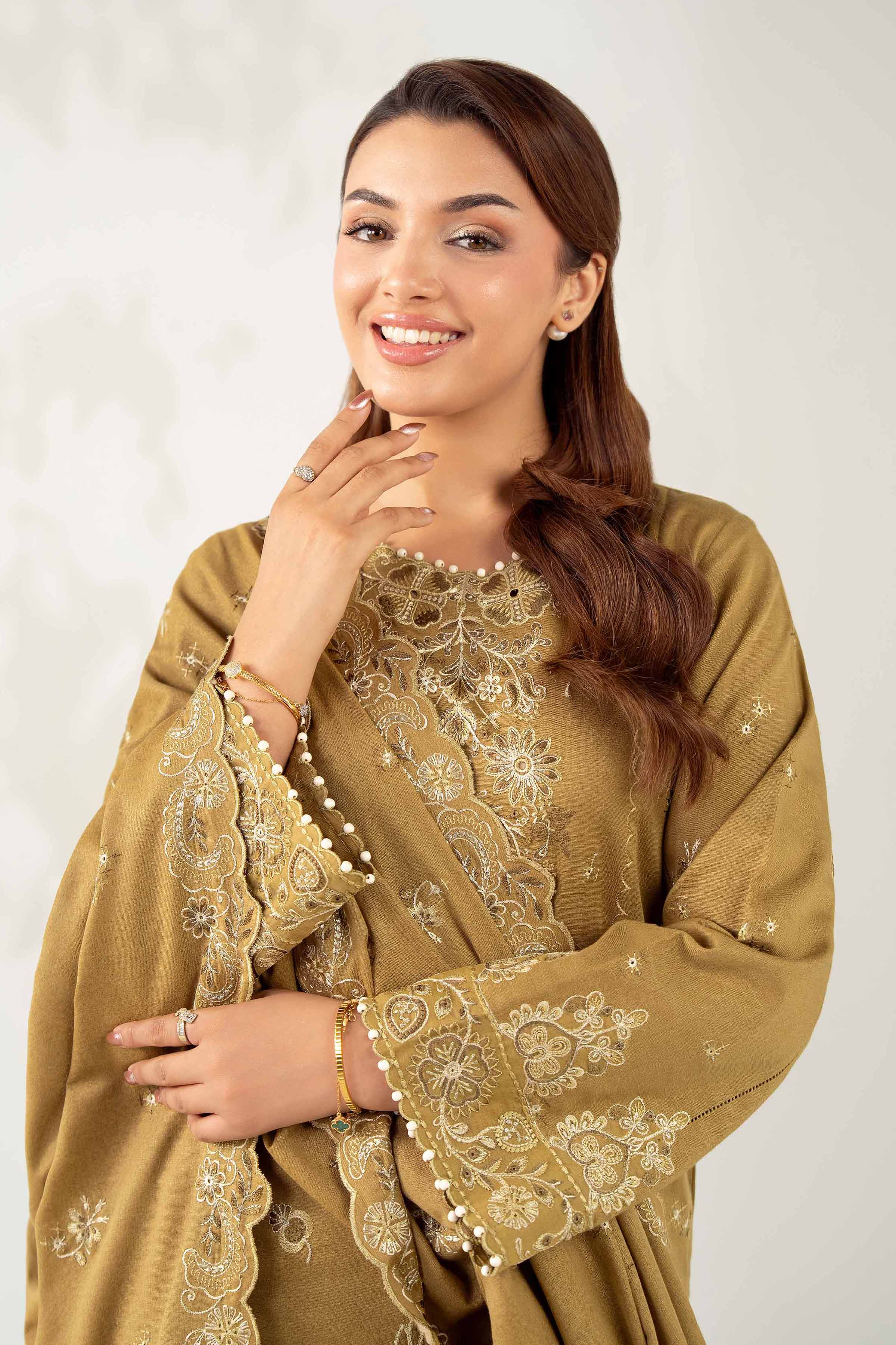 NISHATUAE - Olive Embroidered Karandi 3-piece Unstitched Suit