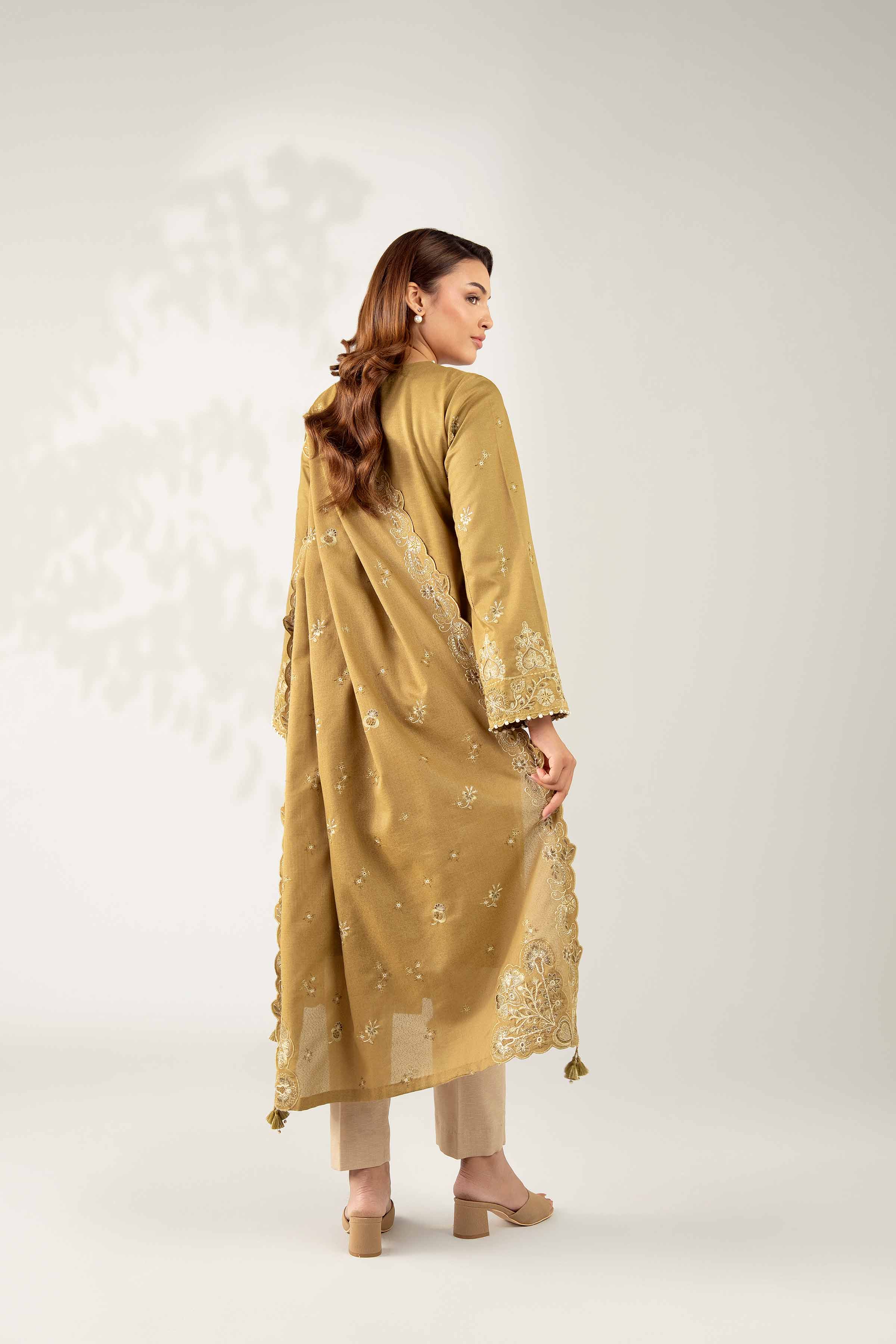 NISHATUAE - Olive Embroidered Karandi 3-piece Unstitched Suit