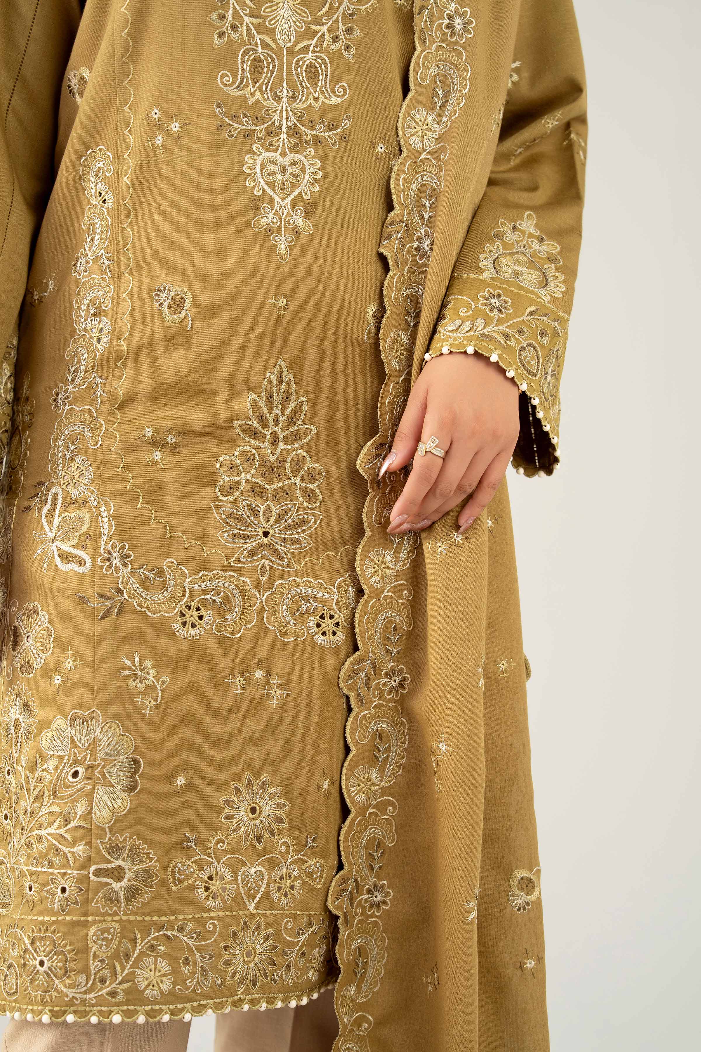 NISHATUAE - Olive Embroidered Karandi 3-piece Unstitched Suit