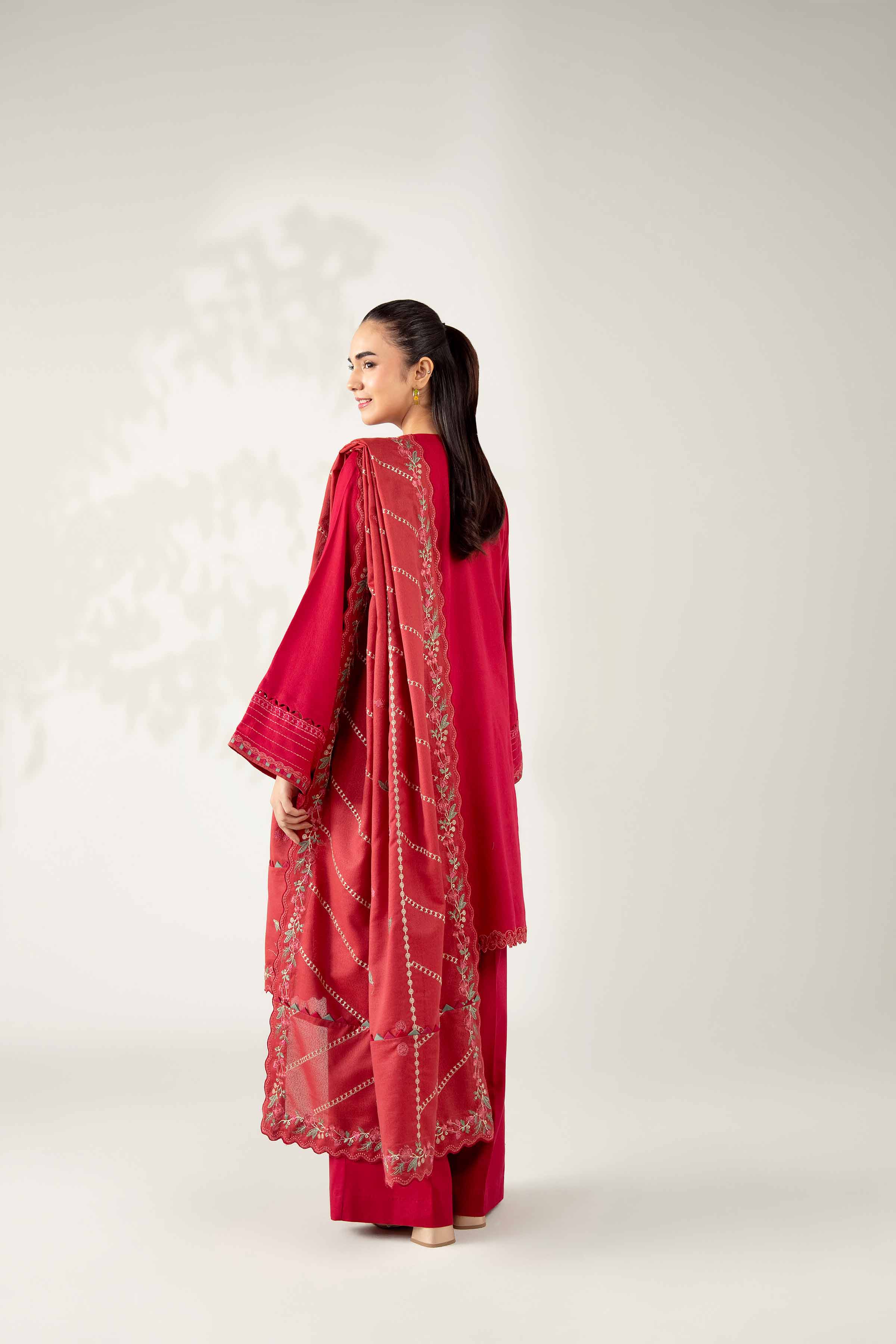 NISHATUAE - Red Embroidered Karandi 3-piece Unstitched Suit